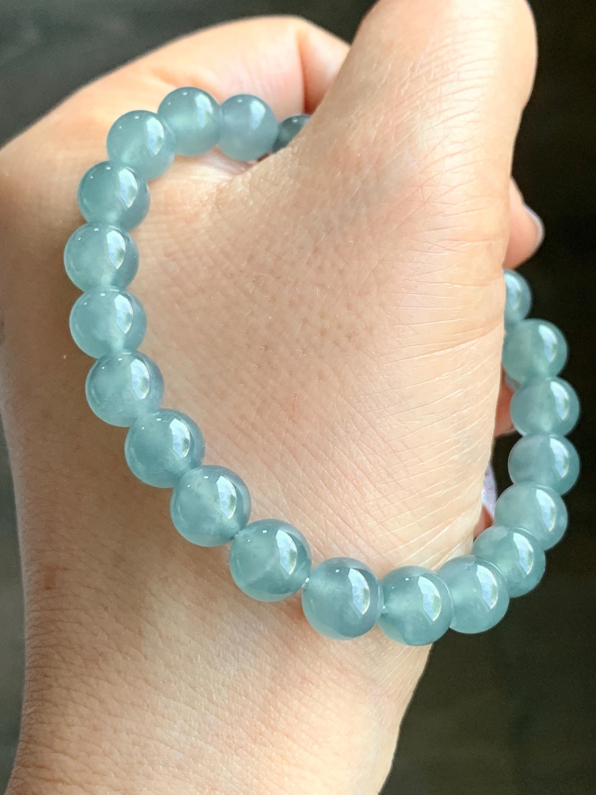 Certified Natural Guatemalan Grade A Icy Highly Translucent Dusty Teal Blue Jadeite Beaded Bracelet Stretchy 7.9mm 7” 20g 天然冰危蓝绿翡翠圆珠手串 7848