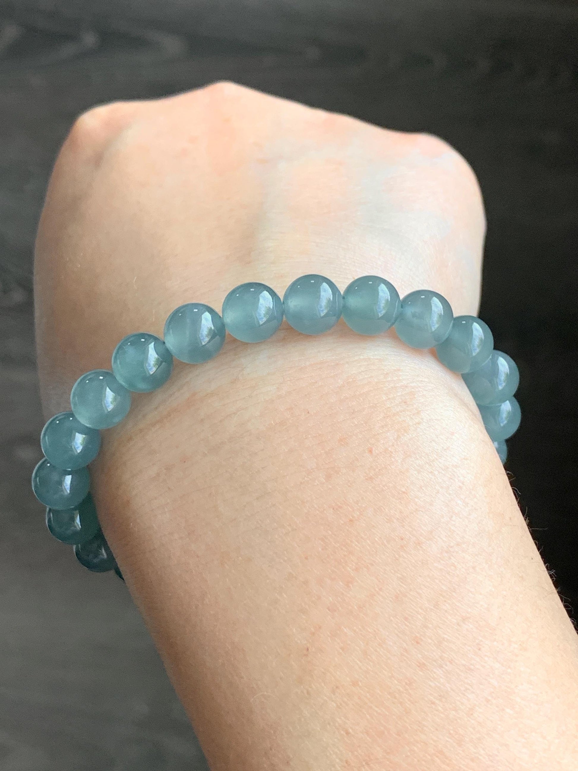 Certified Natural Guatemalan Grade A Icy Highly Translucent Dusty Teal Blue Jadeite Beaded Bracelet Stretchy 7.9mm 7” 20g 天然冰危蓝绿翡翠圆珠手串 7848
