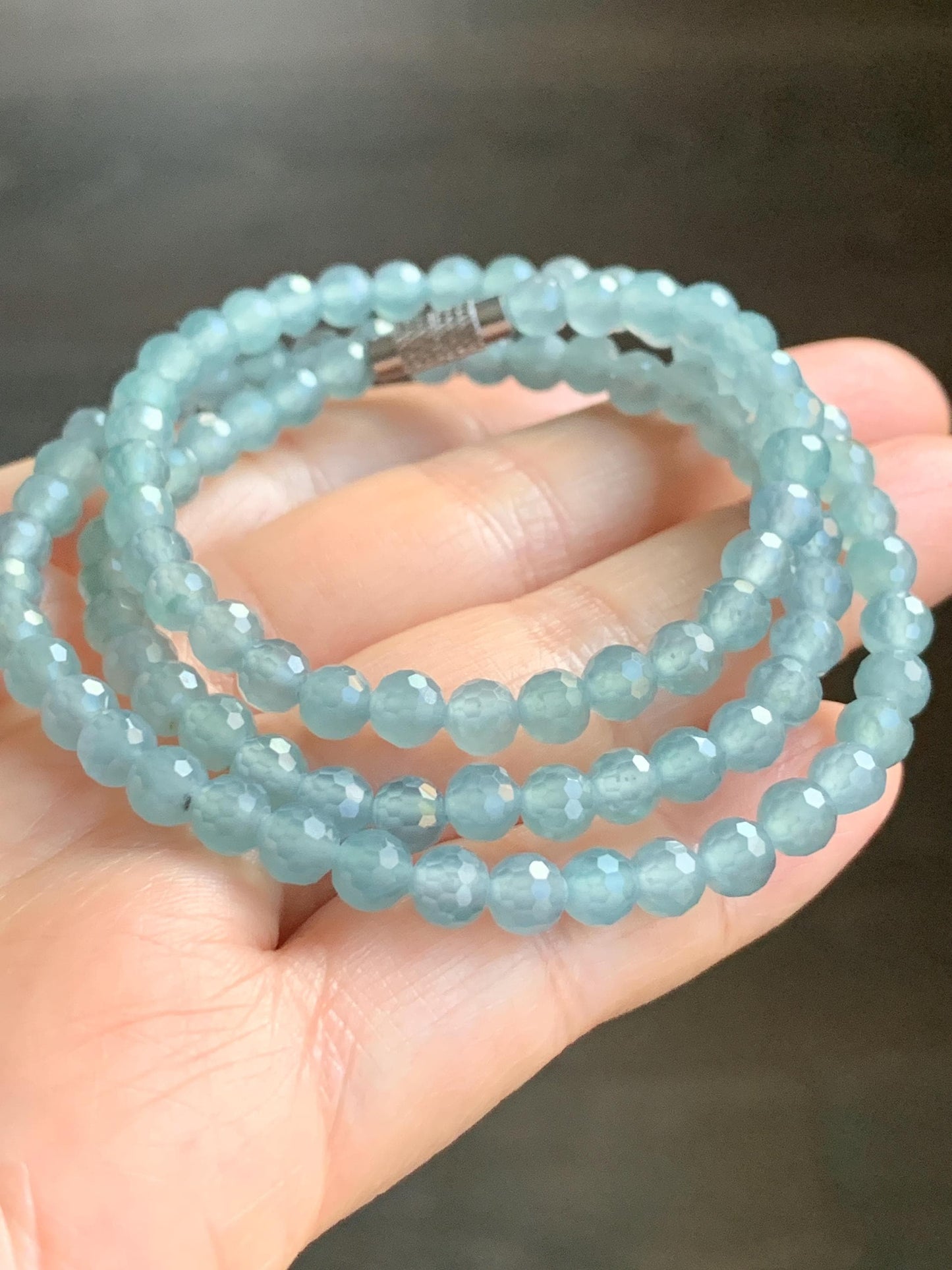 Natural Guatemalan Grade A Icy Highly Translucent Light Teal Blue Faceted Jadeite Beads Beaded Necklace 5mm 20" 22g 天然冰危淡蓝翡翠切割面圆珠项链 XQG450