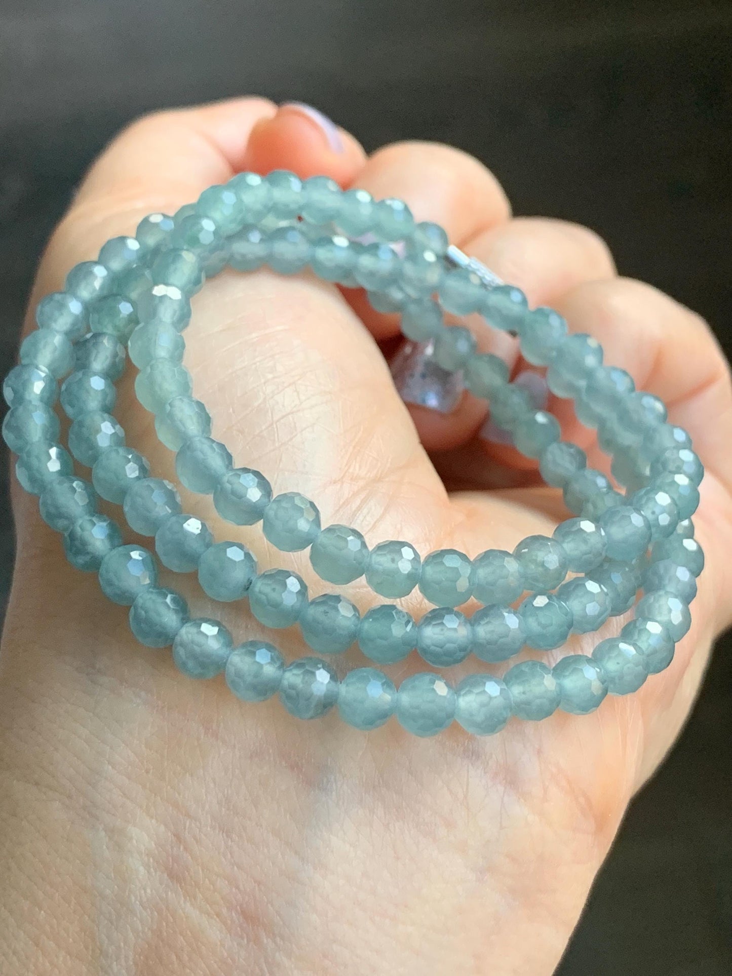 Natural Guatemalan Grade A Icy Highly Translucent Light Teal Blue Faceted Jadeite Beads Beaded Necklace 5mm 20" 22g 天然冰危淡蓝翡翠切割面圆珠项链 XQG450