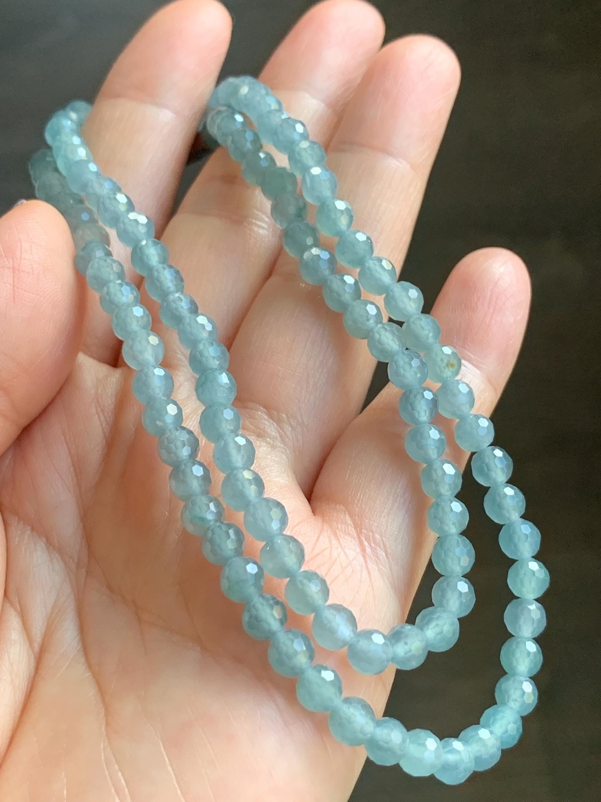 Natural Guatemalan Grade A Icy Highly Translucent Light Teal Blue Faceted Jadeite Beads Beaded Necklace 5mm 20" 22g 天然冰危淡蓝翡翠切割面圆珠项链 XQG450