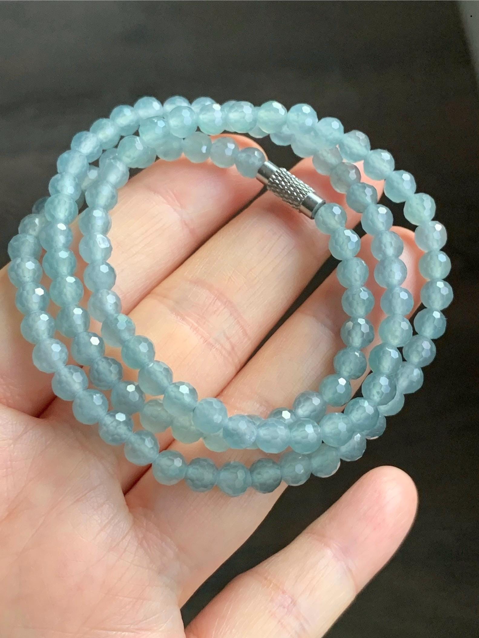 Natural Guatemalan Grade A Icy Highly Translucent Light Teal Blue Faceted Jadeite Beads Beaded Necklace 5mm 20" 22g 天然冰危淡蓝翡翠切割面圆珠项链 XQG450
