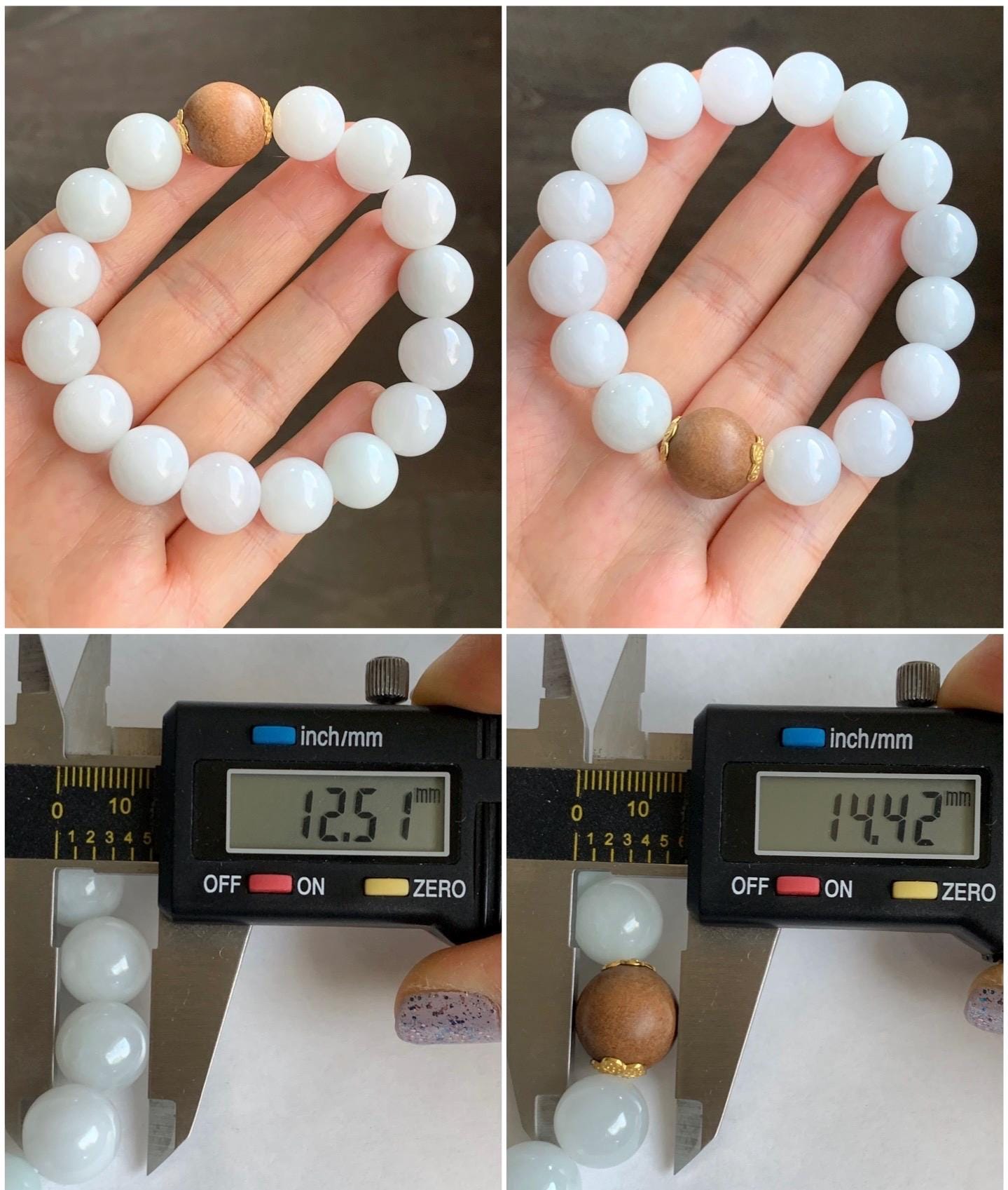 Large Natural Burmese Icy Translucent White Jadeite Beads Laoshan Sandalwood Beaded Bracelet Sterling Silver 12.5mm 7.25” 52g 天然缅甸白冰翡翠大珠手串