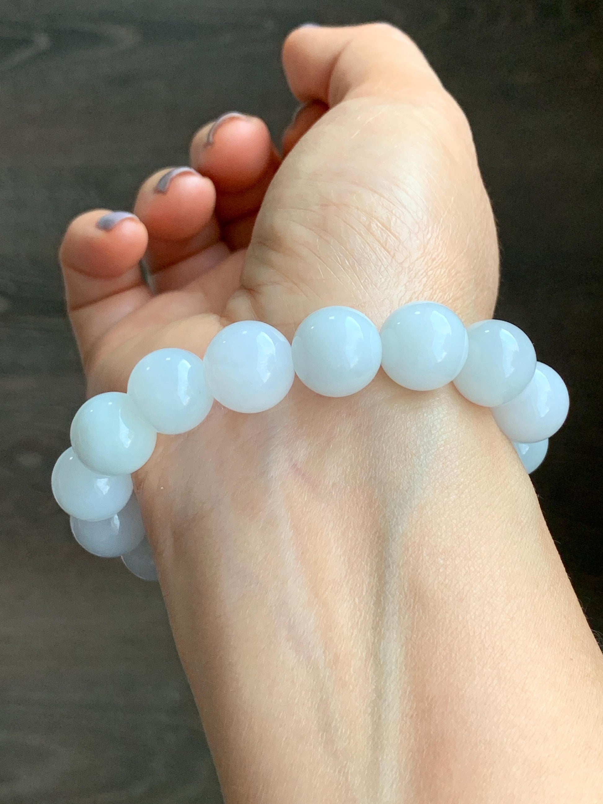 Large Natural Burmese Icy Translucent White Jadeite Beads Laoshan Sandalwood Beaded Bracelet Sterling Silver 12.5mm 7.25” 52g 天然缅甸白冰翡翠大珠手串