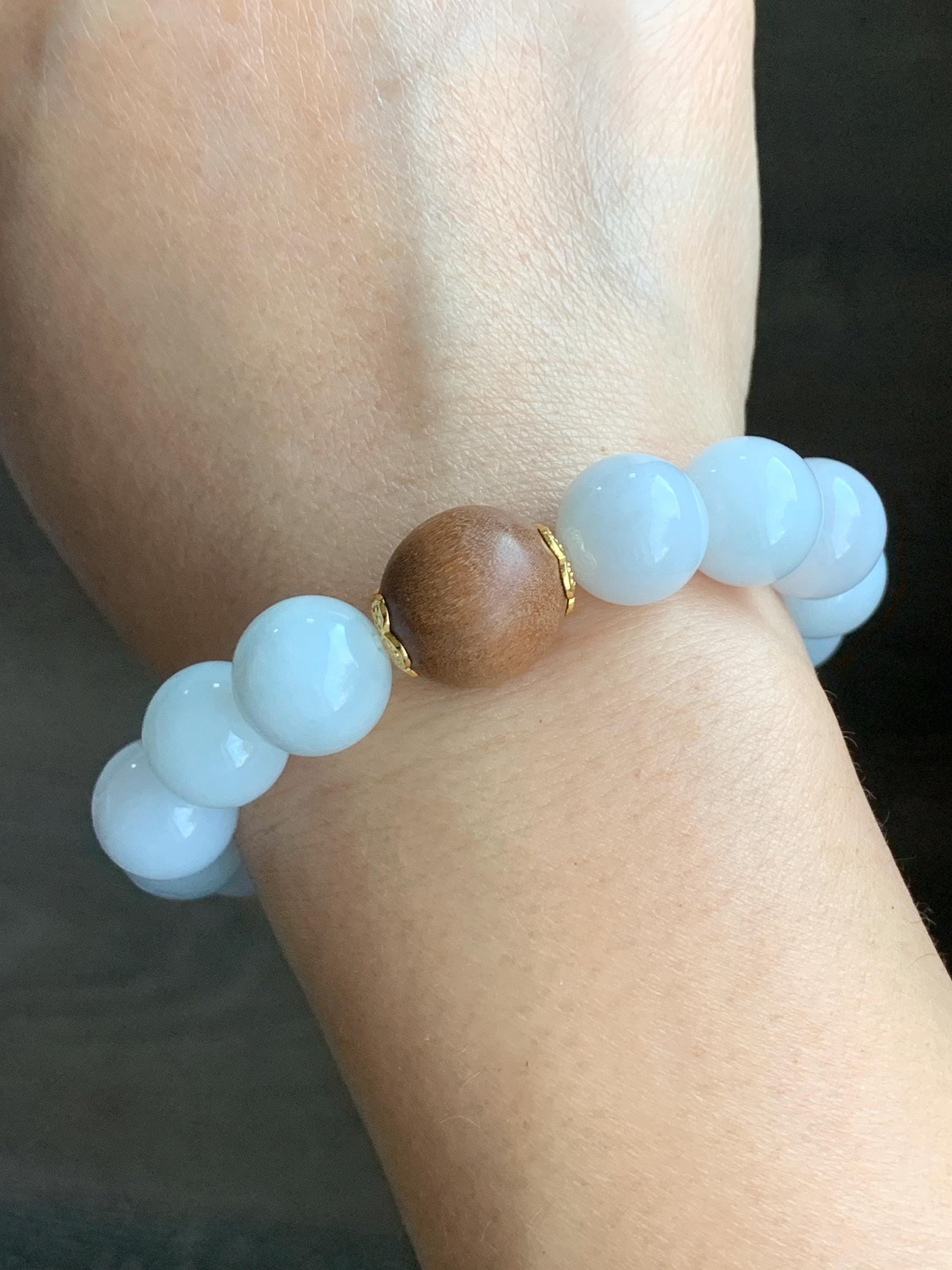 Large Natural Burmese Icy Translucent White Jadeite Beads Laoshan Sandalwood Beaded Bracelet Sterling Silver 12.5mm 7.25” 52g 天然缅甸白冰翡翠大珠手串