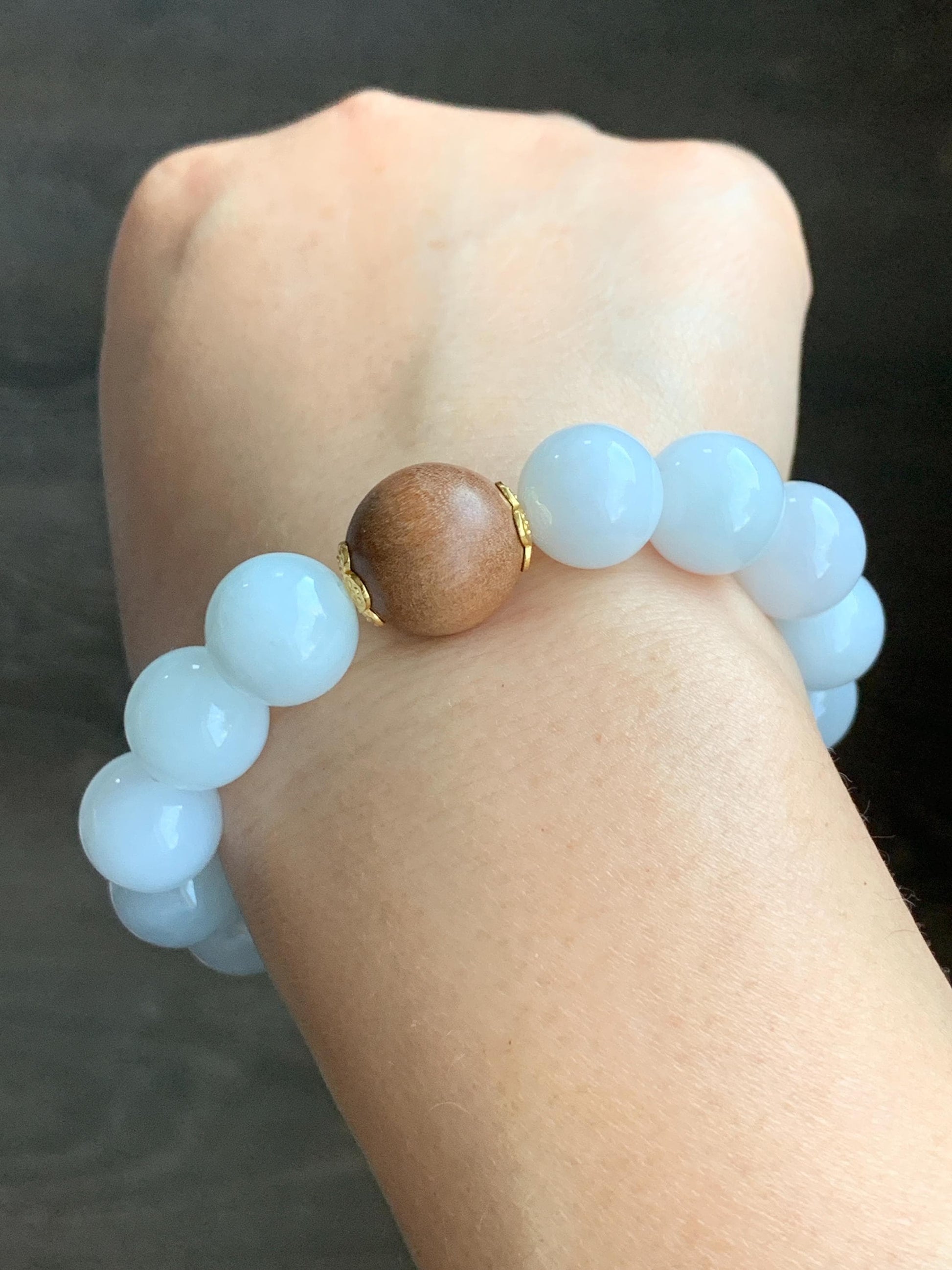 Large Natural Burmese Icy Translucent White Jadeite Beads Laoshan Sandalwood Beaded Bracelet Sterling Silver 12.5mm 7.25” 52g 天然缅甸白冰翡翠大珠手串