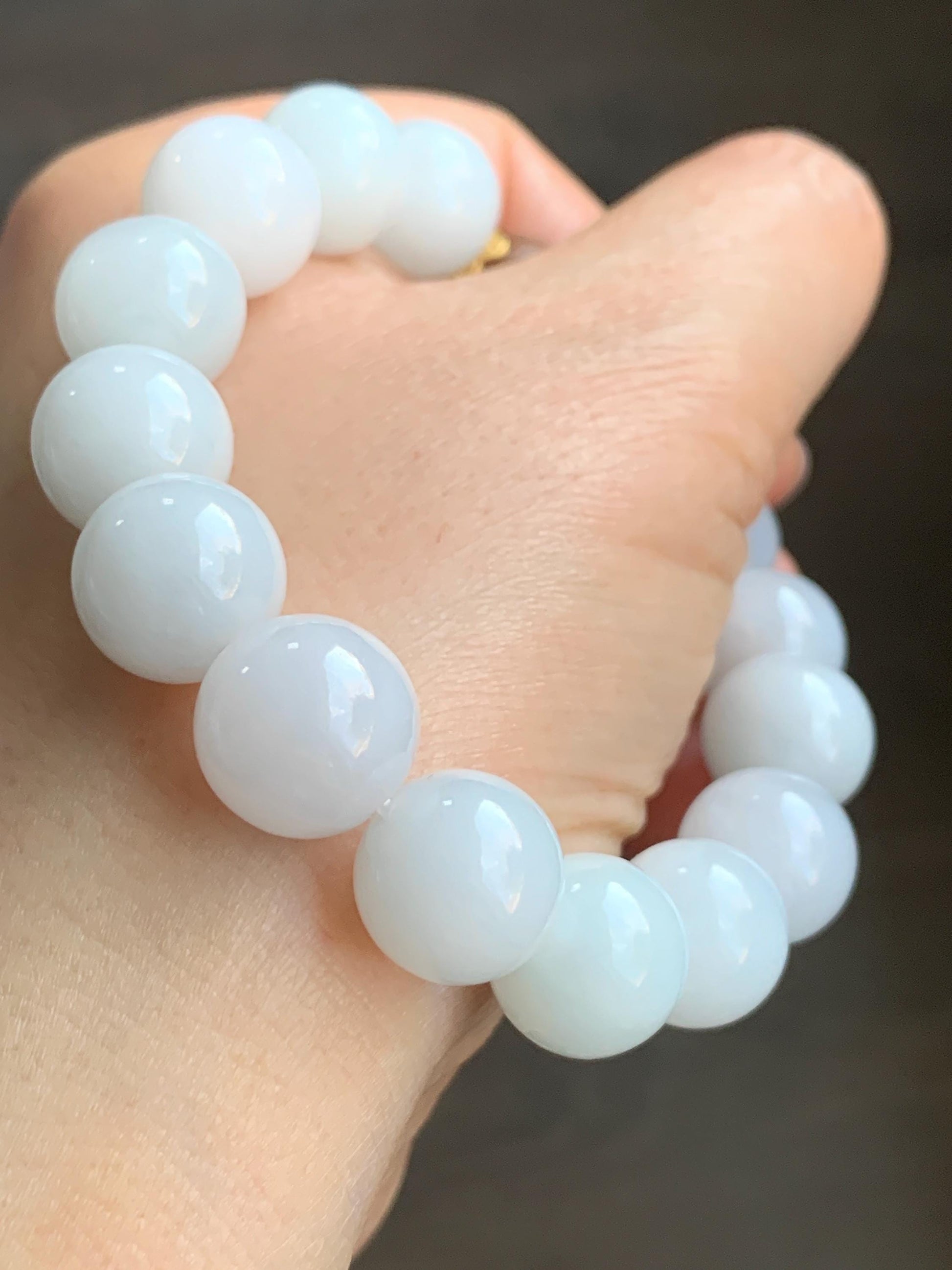 Large Natural Burmese Icy Translucent White Jadeite Beads Laoshan Sandalwood Beaded Bracelet Sterling Silver 12.5mm 7.25” 52g 天然缅甸白冰翡翠大珠手串