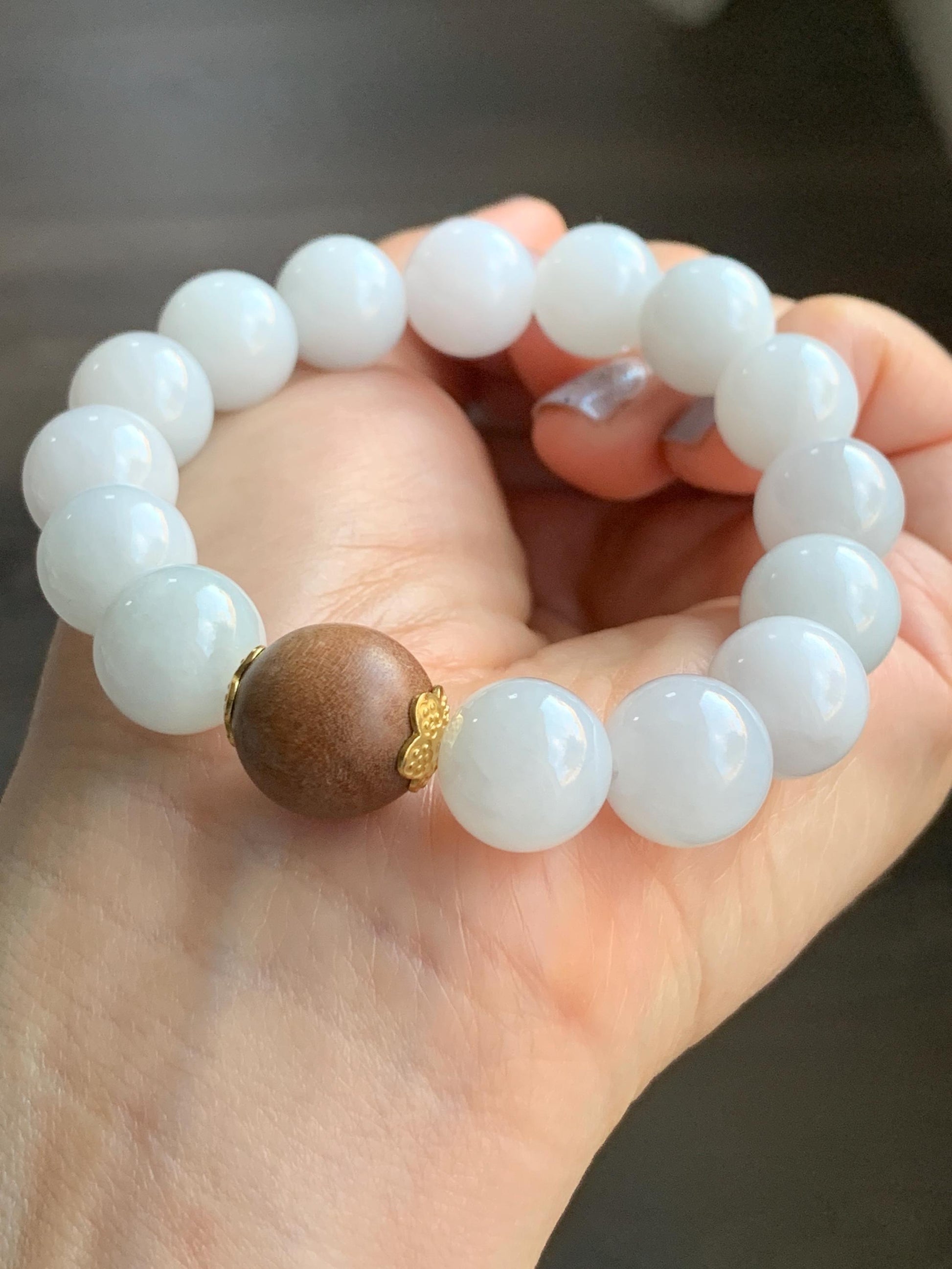 Large Natural Burmese Icy Translucent White Jadeite Beads Laoshan Sandalwood Beaded Bracelet Sterling Silver 12.5mm 7.25” 52g 天然缅甸白冰翡翠大珠手串