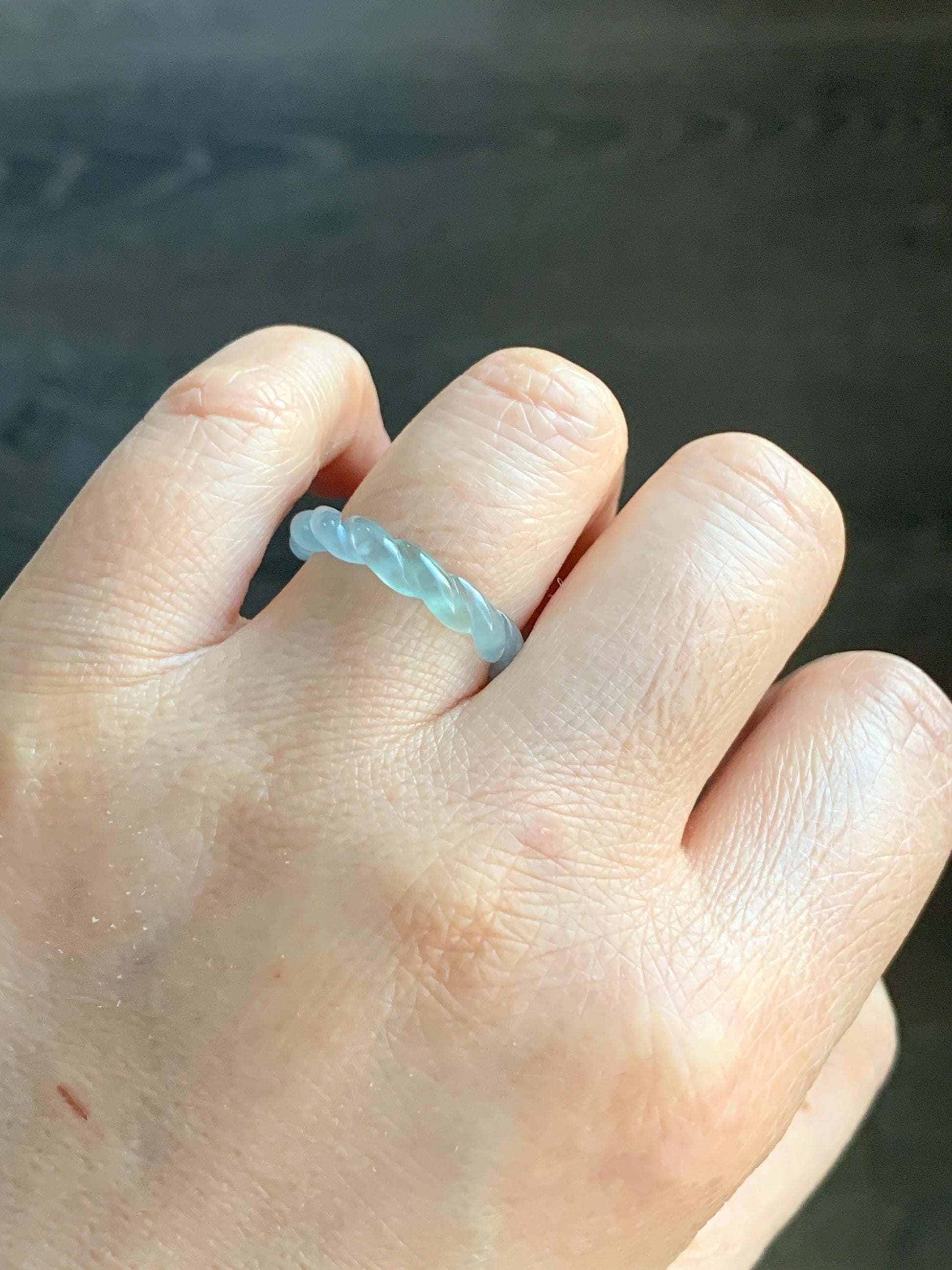 Natural Guatemalan Icy Highly Translucent Gelatinous Light Blue Jadeite Carved Braid Band Ring Size 6.75 US 2g 天然高冰危浅蓝起光翡翠麻花戒圈 MHJ675