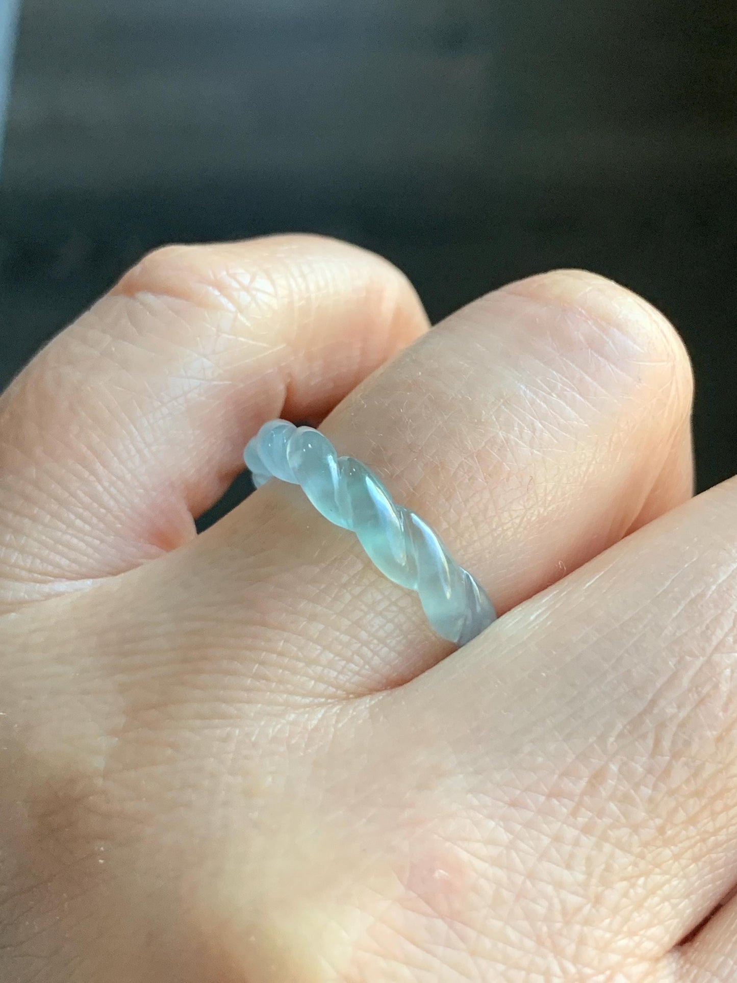 Natural Guatemalan Icy Highly Translucent Gelatinous Light Blue Jadeite Carved Braid Band Ring Size 6.75 US 2g 天然高冰危浅蓝起光翡翠麻花戒圈 MHJ675
