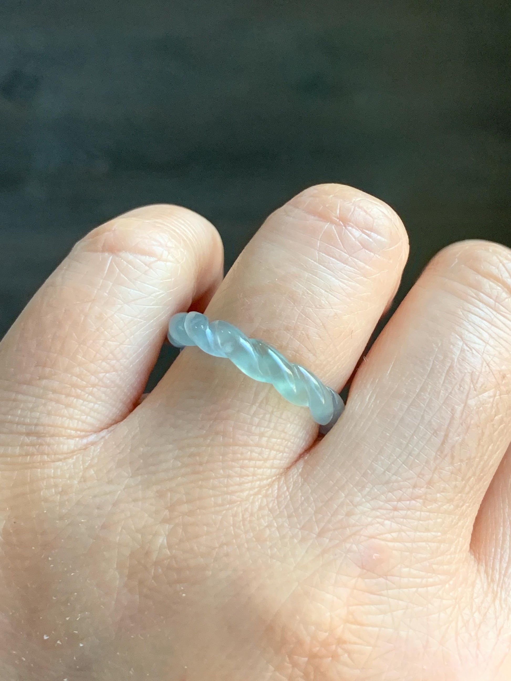 Natural Guatemalan Icy Highly Translucent Gelatinous Light Blue Jadeite Carved Braid Band Ring Size 6.75 US 2g 天然高冰危浅蓝起光翡翠麻花戒圈 MHJ675