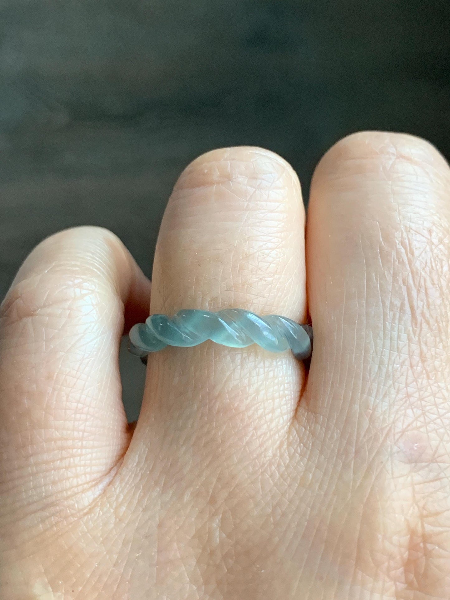 Natural Guatemalan Icy Highly Translucent Gelatinous Light Blue Jadeite Carved Braid Band Ring Size 6.5 US 2g 天然高冰危浅蓝起光翡翠麻花戒圈 MHJ65