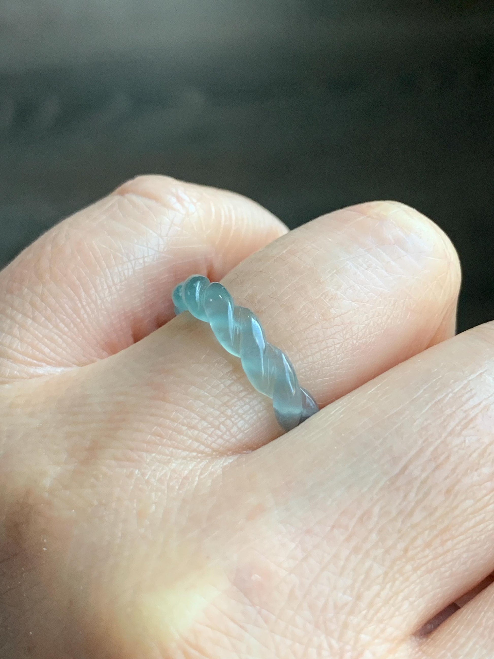 Natural Guatemalan Icy Highly Translucent Gelatinous Light Blue Jadeite Carved Braid Band Ring Size 6.5 US 2g 天然高冰危浅蓝起光翡翠麻花戒圈 MHJ65
