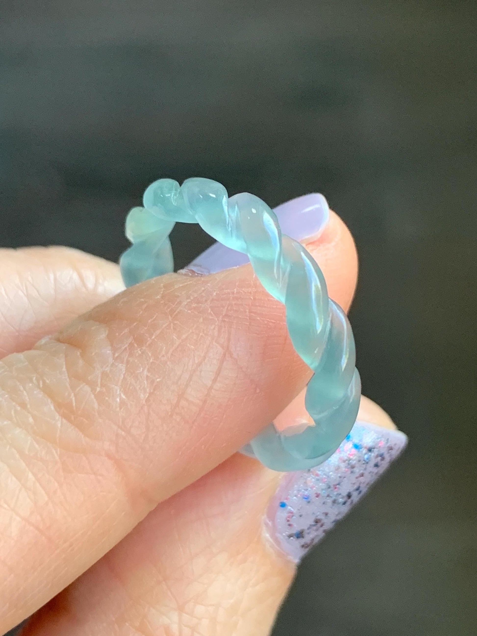Natural Guatemalan Icy Highly Translucent Gelatinous Light Blue Jadeite Carved Braid Band Ring Size 6.5 US 2g 天然高冰危浅蓝起光翡翠麻花戒圈 MHJ65