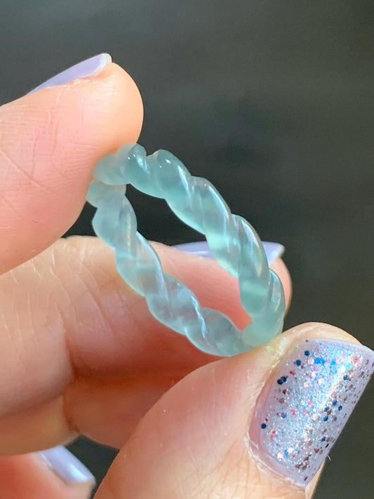 Natural Guatemalan Icy Highly Translucent Gelatinous Light Blue Jadeite Carved Braid Band Ring Size 6.5 US 2g 天然高冰危浅蓝起光翡翠麻花戒圈 MHJ65