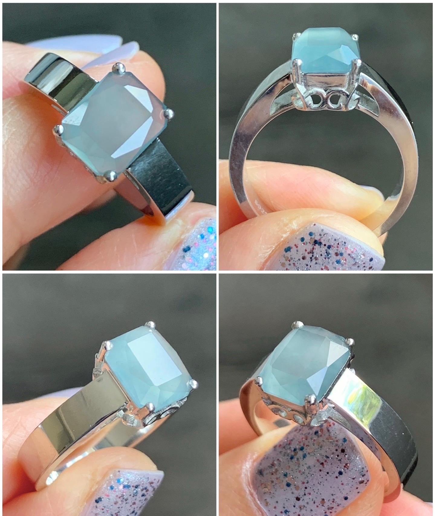 Certified Natural Guatemalan Garde A Icy Translucent Light Blue Emerald Cut Jadeite Ring Sterling Silver Size 7.25 天然冰危淡蓝绿宝石切割面翡翠银镶戒指 7380