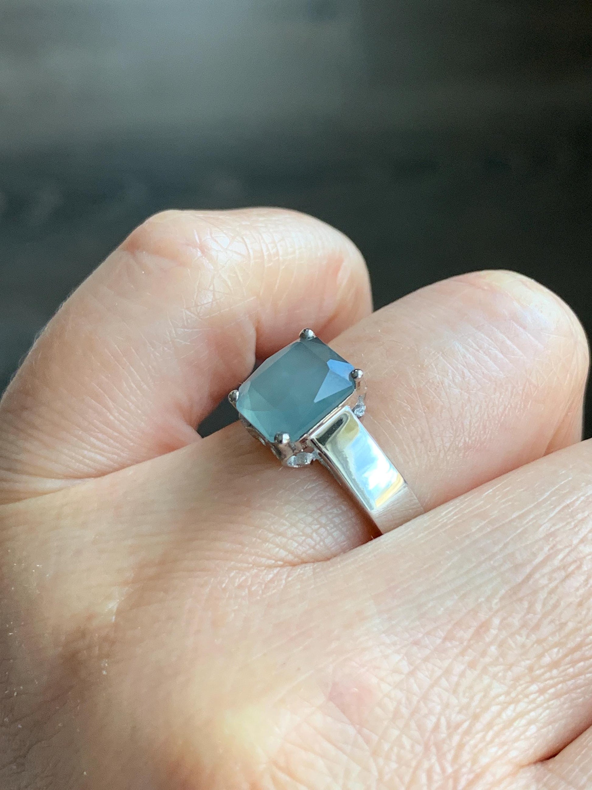 Certified Natural Guatemalan Garde A Icy Translucent Light Blue Emerald Cut Jadeite Ring Sterling Silver Size 7.25 天然冰危淡蓝绿宝石切割面翡翠银镶戒指 7380