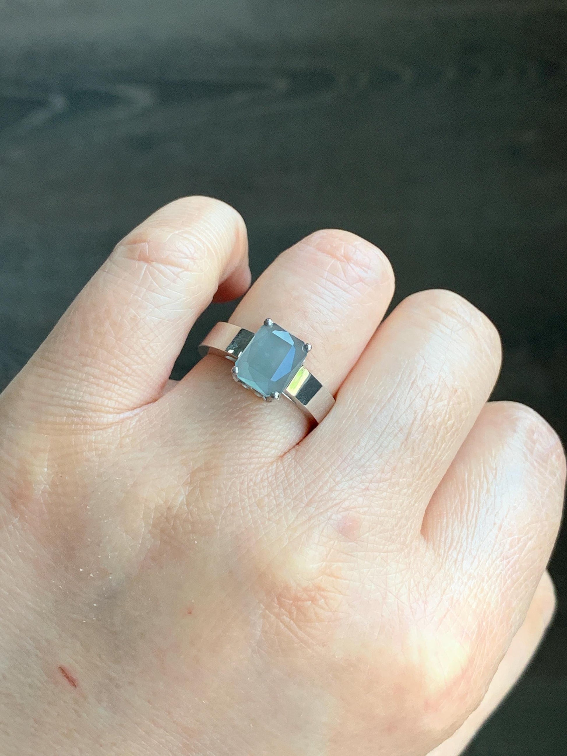 Certified Natural Guatemalan Garde A Icy Translucent Light Blue Emerald Cut Jadeite Ring Sterling Silver Size 7.25 天然冰危淡蓝绿宝石切割面翡翠银镶戒指 7380