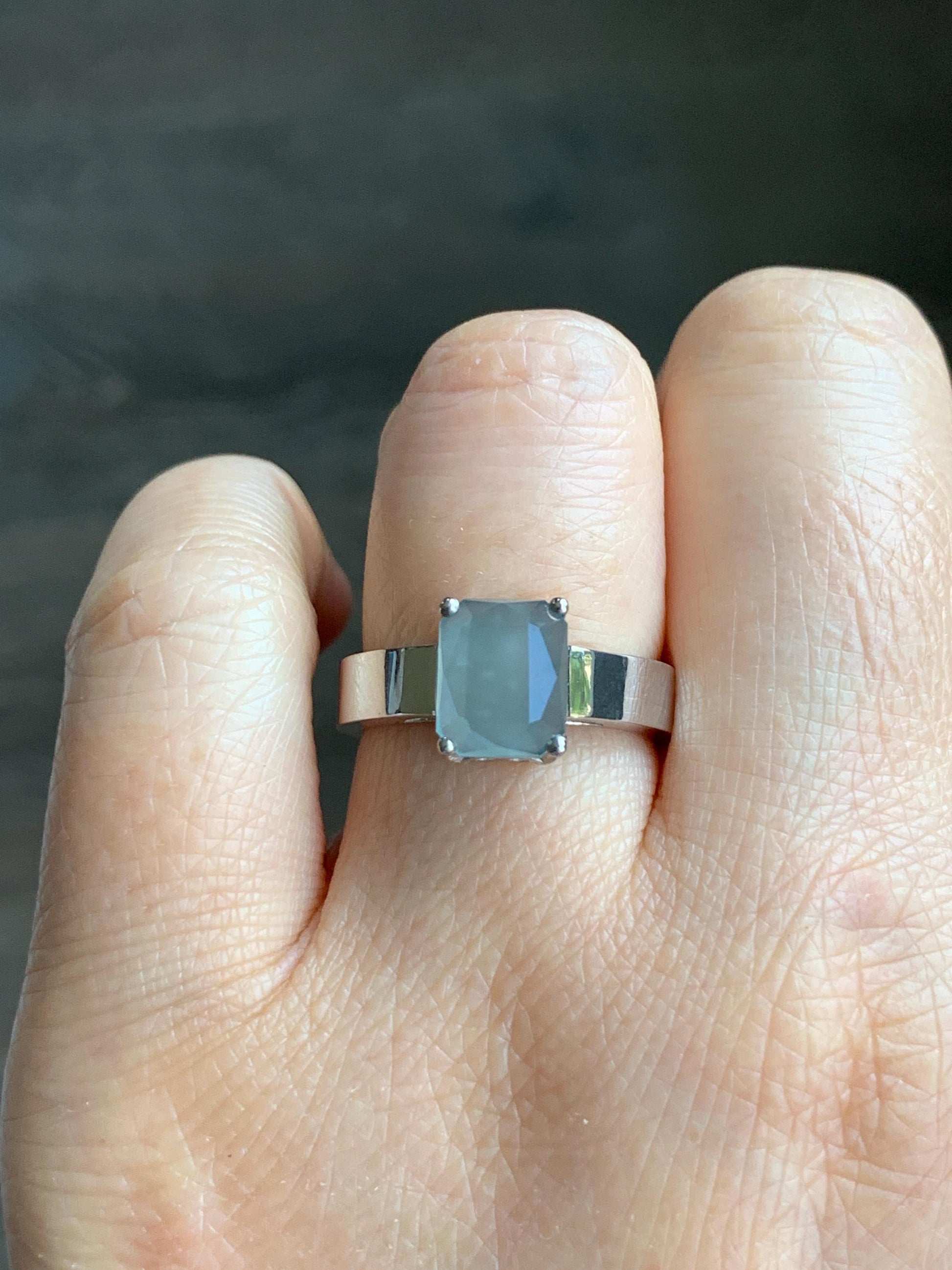 Certified Natural Guatemalan Garde A Icy Translucent Light Blue Emerald Cut Jadeite Ring Sterling Silver Size 7.25 天然冰危淡蓝绿宝石切割面翡翠银镶戒指 7380