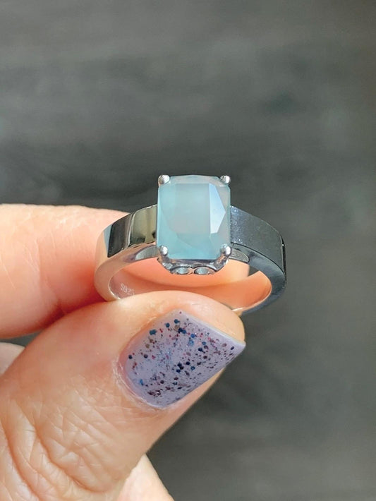 Certified Natural Guatemalan Garde A Icy Translucent Light Blue Emerald Cut Jadeite Ring Sterling Silver Size 7.25 天然冰危淡蓝绿宝石切割面翡翠银镶戒指 7380