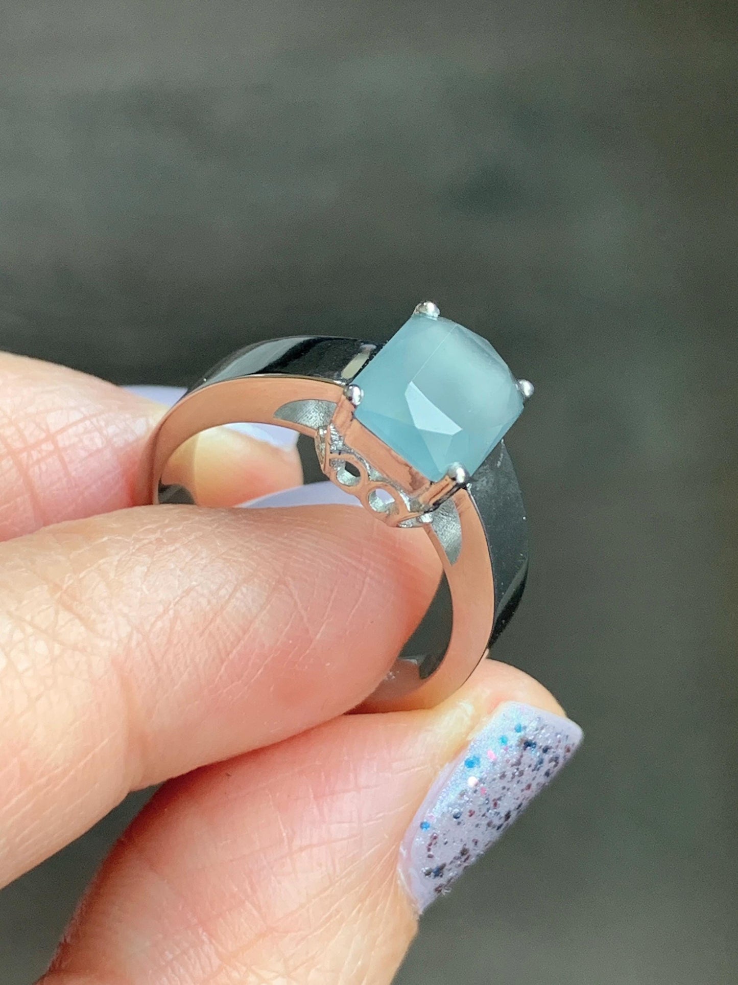 Certified Natural Guatemalan Garde A Icy Translucent Light Blue Emerald Cut Jadeite Ring Sterling Silver Size 7.25 天然冰危淡蓝绿宝石切割面翡翠银镶戒指 7380