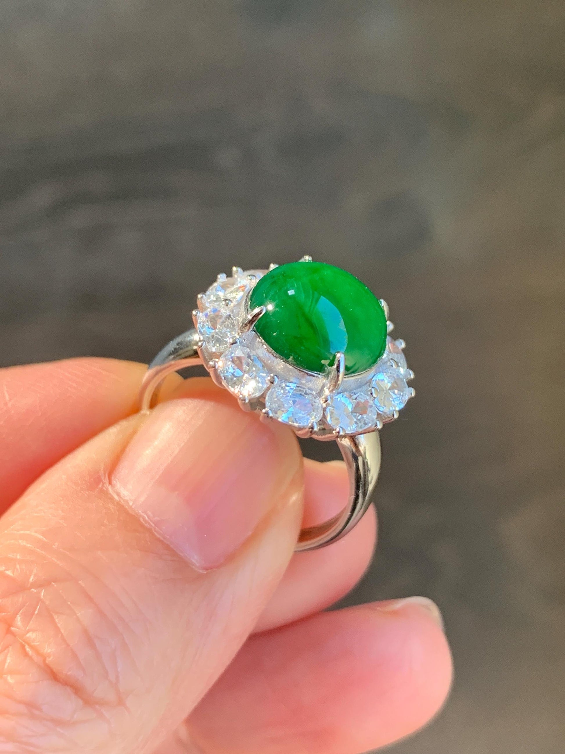 Certified Natural Grade A Guatemalan Icy Translucent Vibrant Green Round Jadeite Ring Sterling Silver Size Adjustable 天然冰危绿翡翠蛋面银镶戒指 7794