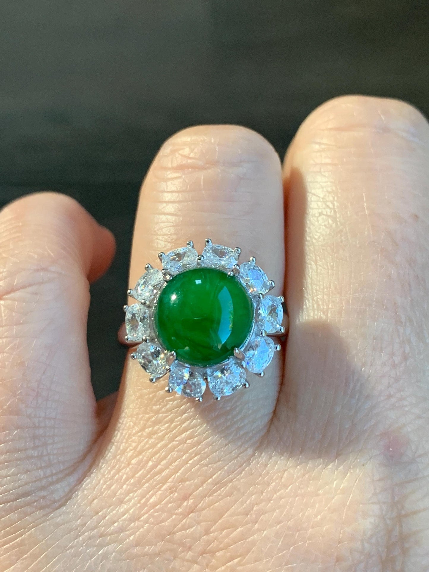 Certified Natural Grade A Guatemalan Icy Translucent Vibrant Green Round Jadeite Ring Sterling Silver Size Adjustable 天然冰危绿翡翠蛋面银镶戒指 7794