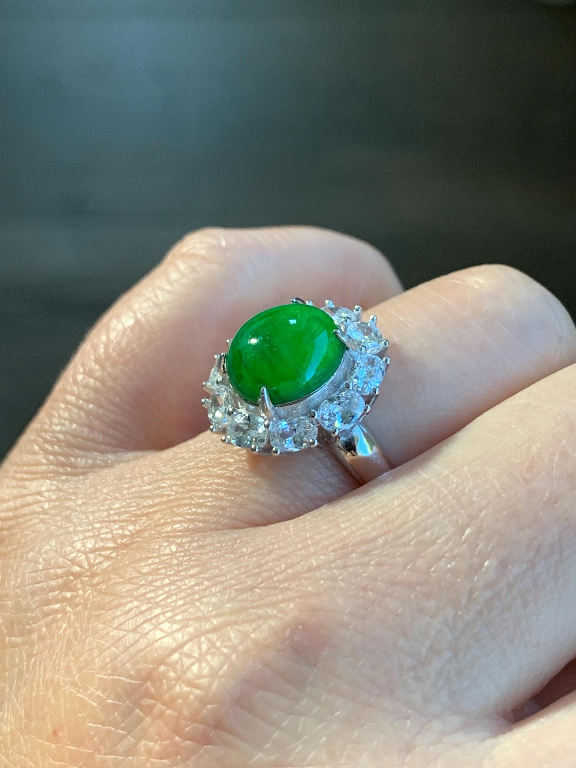 Certified Natural Grade A Guatemalan Icy Translucent Vibrant Green Round Jadeite Ring Sterling Silver Size Adjustable 天然冰危绿翡翠蛋面银镶戒指 7794