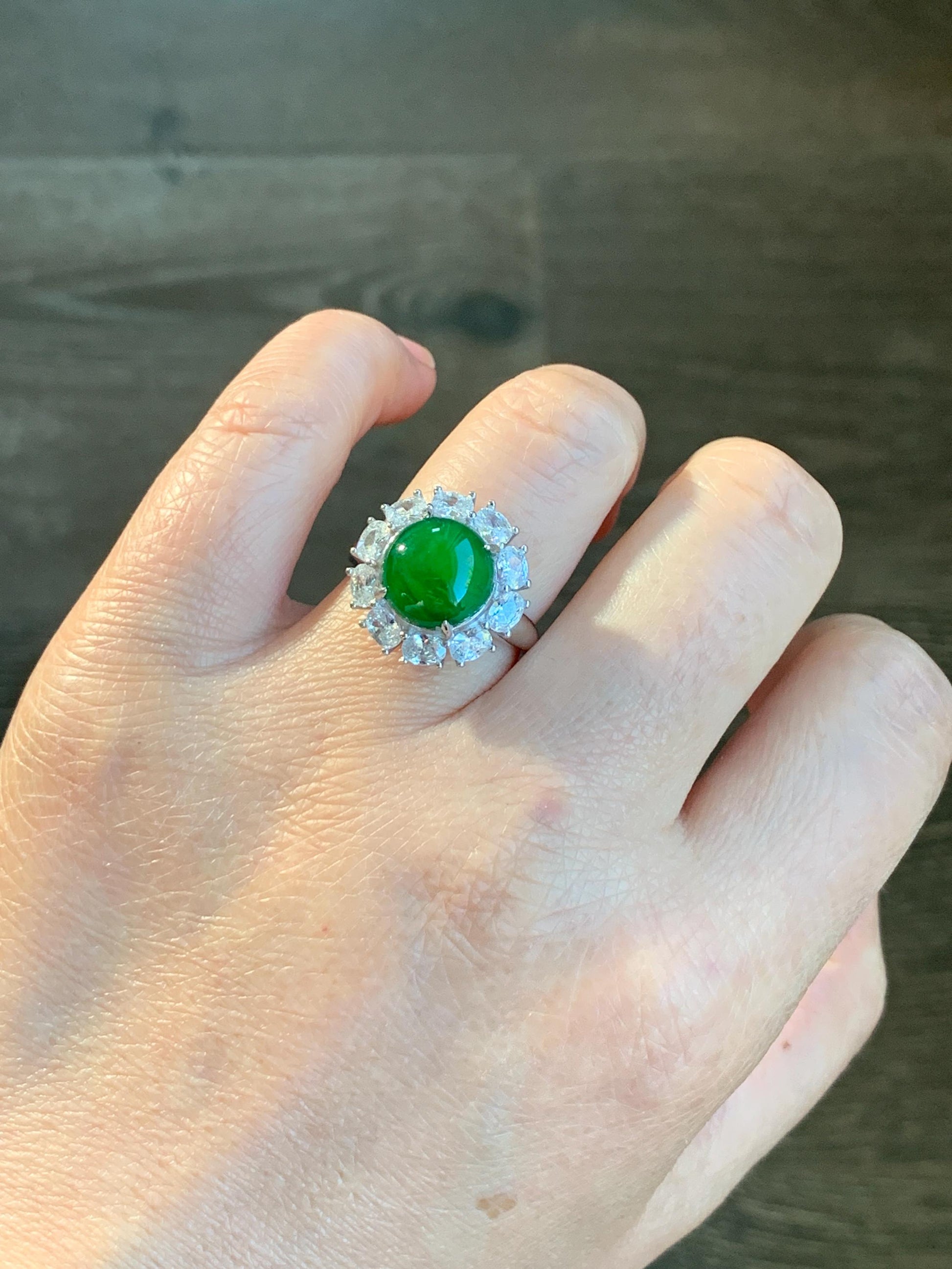 Certified Natural Grade A Guatemalan Icy Translucent Vibrant Green Round Jadeite Ring Sterling Silver Size Adjustable 天然冰危绿翡翠蛋面银镶戒指 7794