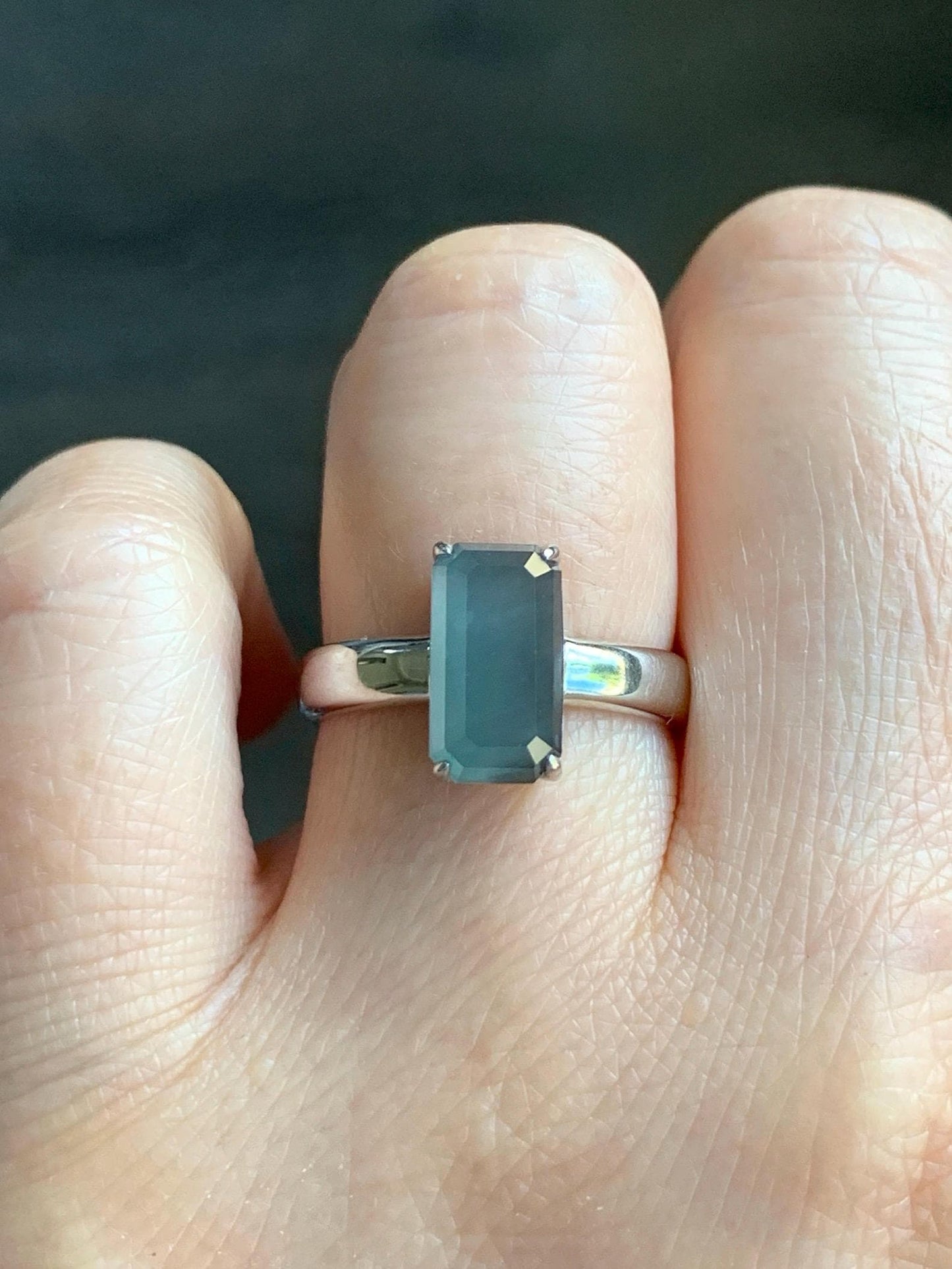 Certified Natural Guatemalan Garde A Icy Translucent Teal Blue Emerald Cut Jadeite Ring Sterling Silver Size 7.25 US 天然冰危蓝绿宝石切割面翡翠银镶戒指 7391