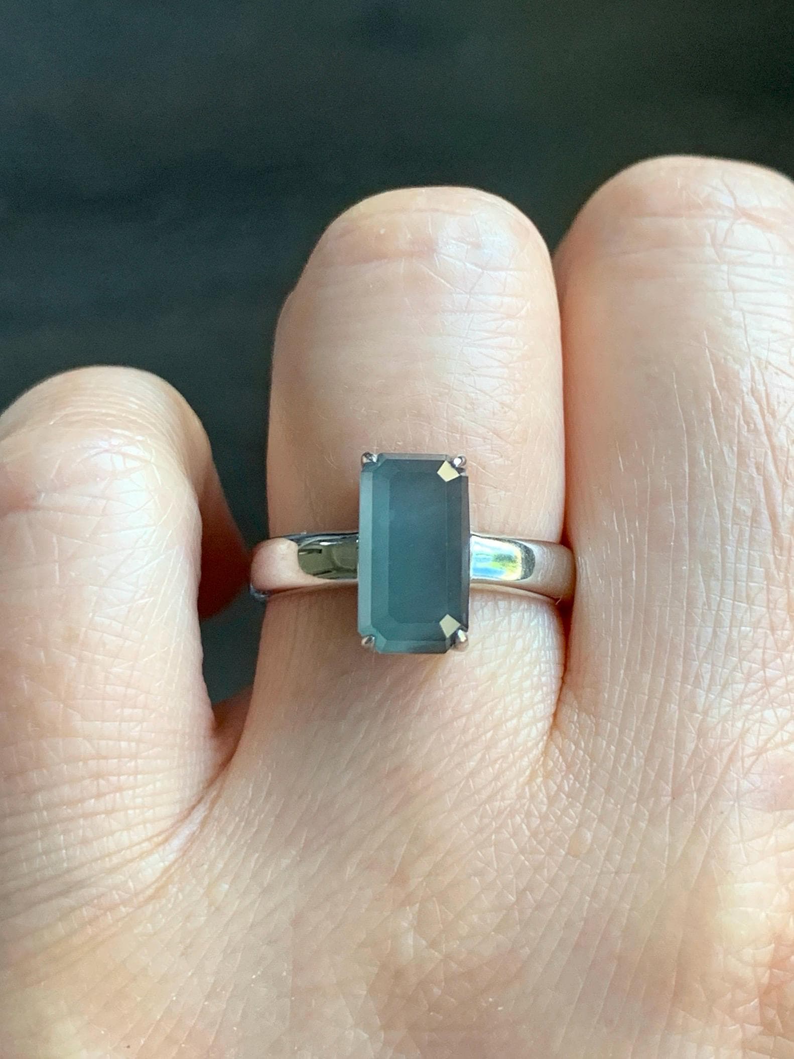 Certified Natural Guatemalan Garde A Icy Translucent Teal Blue Emerald Cut Jadeite Ring Sterling Silver Size 7.25 US 天然冰危蓝绿宝石切割面翡翠银镶戒指 7391
