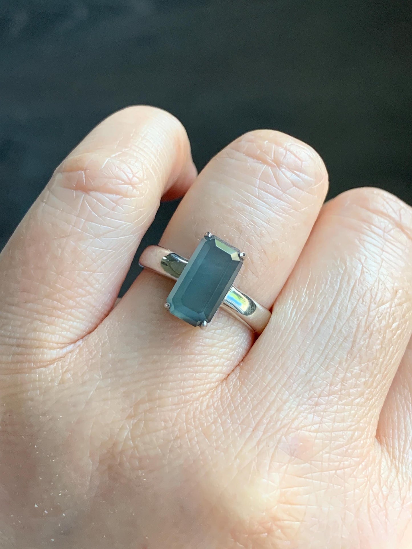 Certified Natural Guatemalan Garde A Icy Translucent Teal Blue Emerald Cut Jadeite Ring Sterling Silver Size 7.25 US 天然冰危蓝绿宝石切割面翡翠银镶戒指 7391