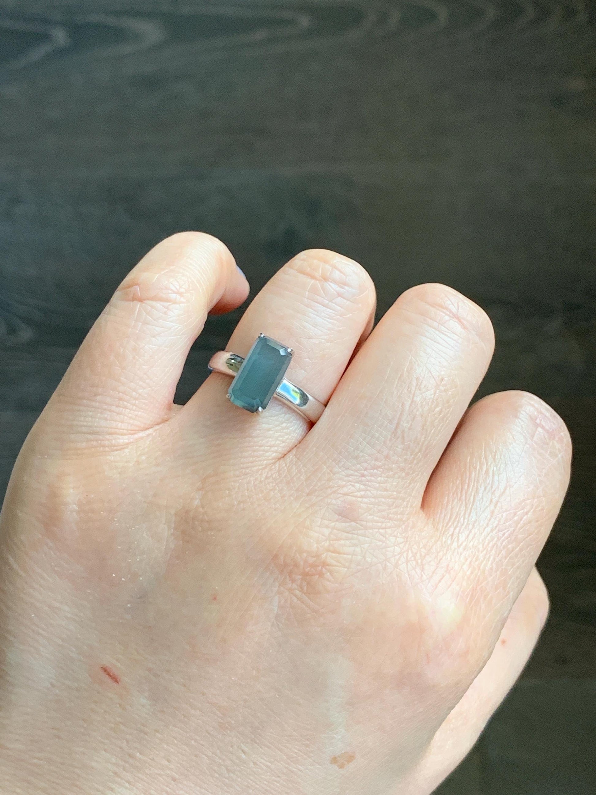 Certified Natural Guatemalan Garde A Icy Translucent Teal Blue Emerald Cut Jadeite Ring Sterling Silver Size 7.25 US 天然冰危蓝绿宝石切割面翡翠银镶戒指 7391
