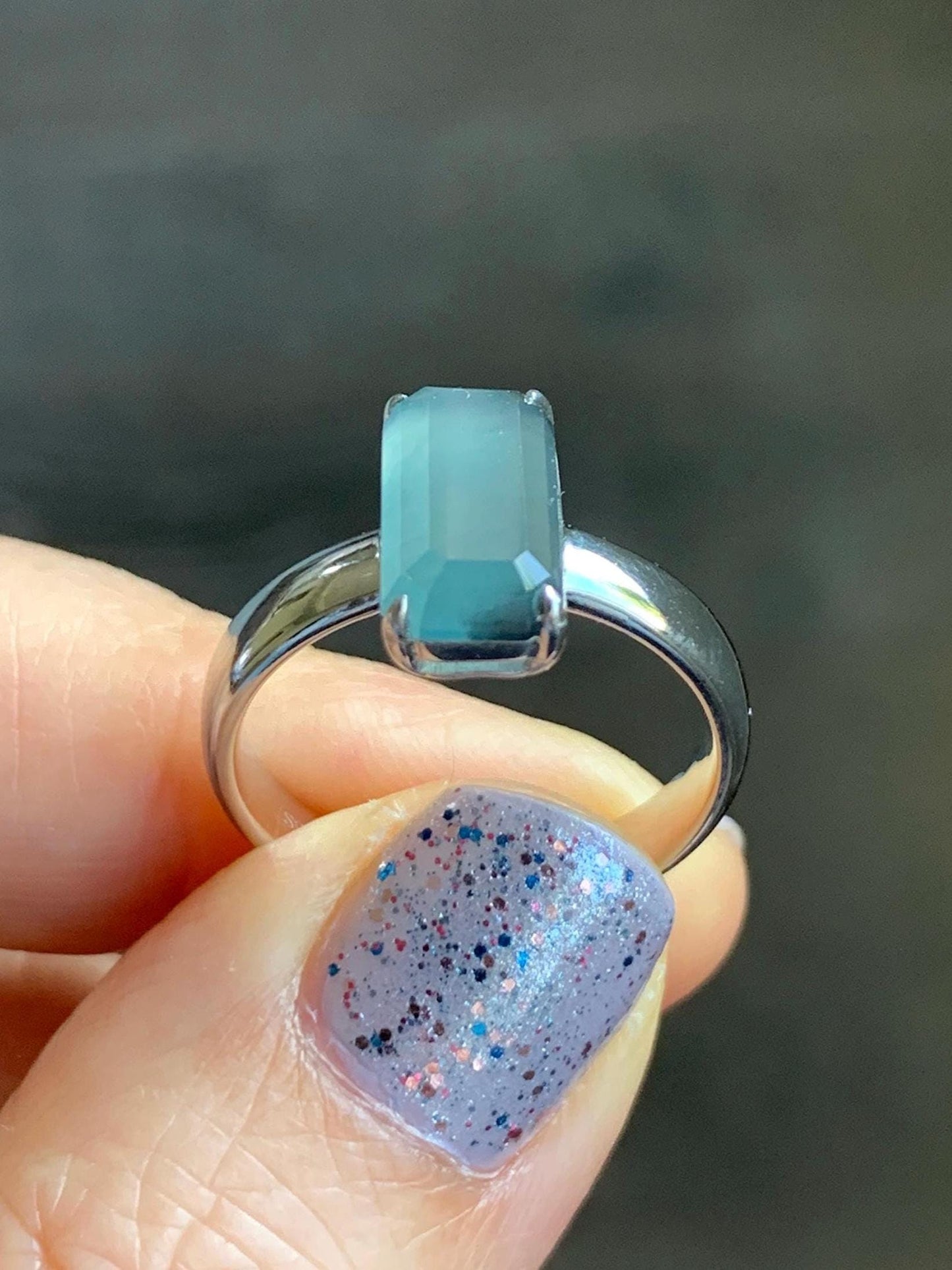 Certified Natural Guatemalan Garde A Icy Translucent Teal Blue Emerald Cut Jadeite Ring Sterling Silver Size 7.25 US 天然冰危蓝绿宝石切割面翡翠银镶戒指 7391
