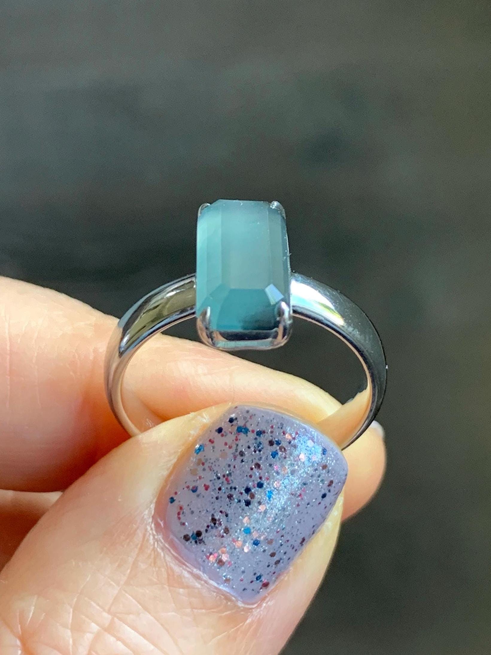 Certified Natural Guatemalan Garde A Icy Translucent Teal Blue Emerald Cut Jadeite Ring Sterling Silver Size 7.25 US 天然冰危蓝绿宝石切割面翡翠银镶戒指 7391