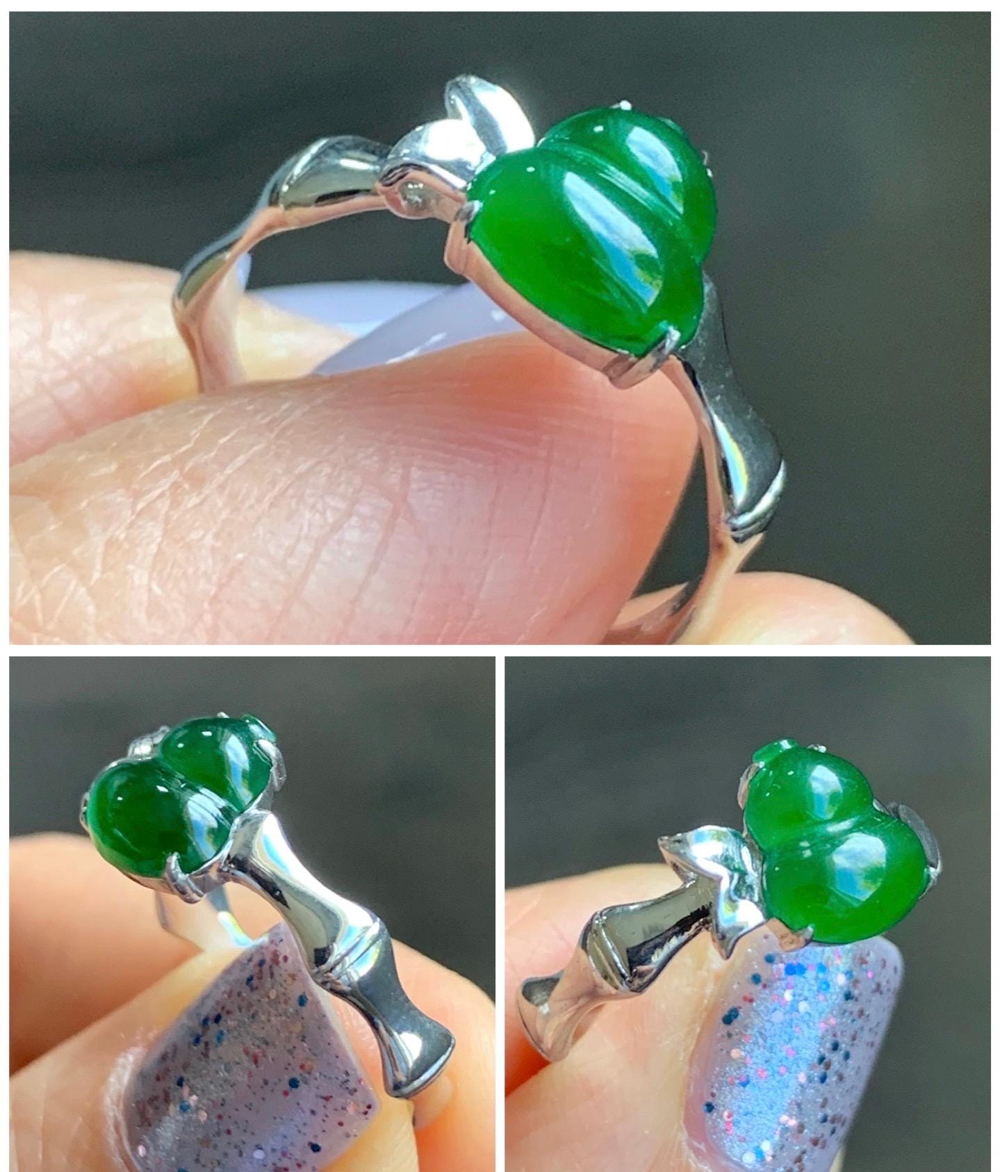 Certified Natural Guatemalan Icy Translucent Vibrant Green Gourd Hulu Jadeite Bamboo Ring Sterling Silver Size 7 US 天然冰胶危绿翡翠葫芦镶嵌竹节款戒指 7392