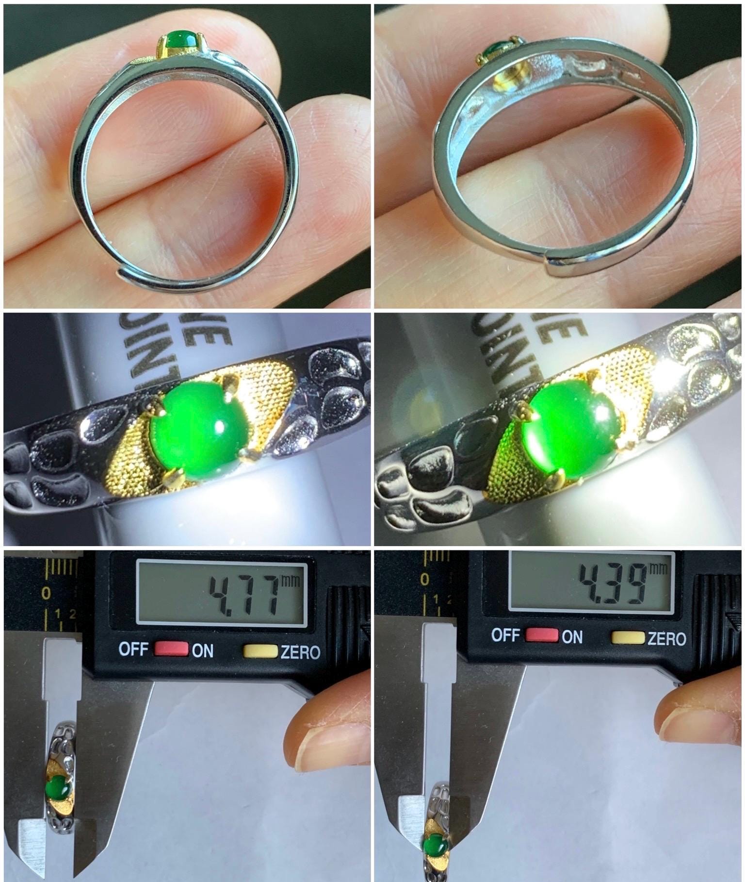 Natural Guatemalan Icy Translucent Vibrant Green Round Jadeite Band Style Ring Two-tone Sterling Silver Size 7 Adjustable 天然冰危绿翡翠银镶戒指 TTB55
