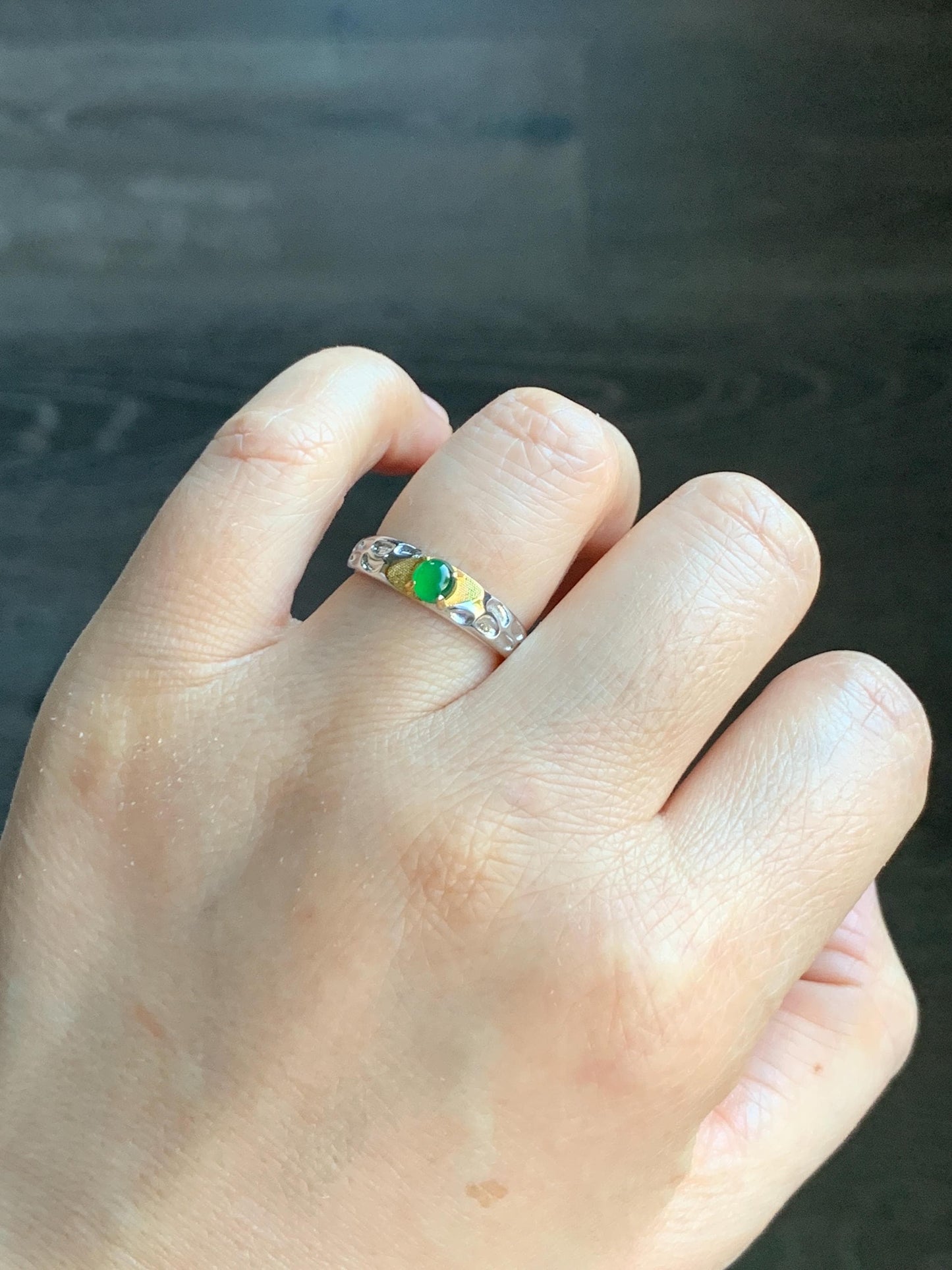 Natural Guatemalan Icy Translucent Vibrant Green Round Jadeite Band Style Ring Two-tone Sterling Silver Size 7 Adjustable 天然冰危绿翡翠银镶戒指 TTB55