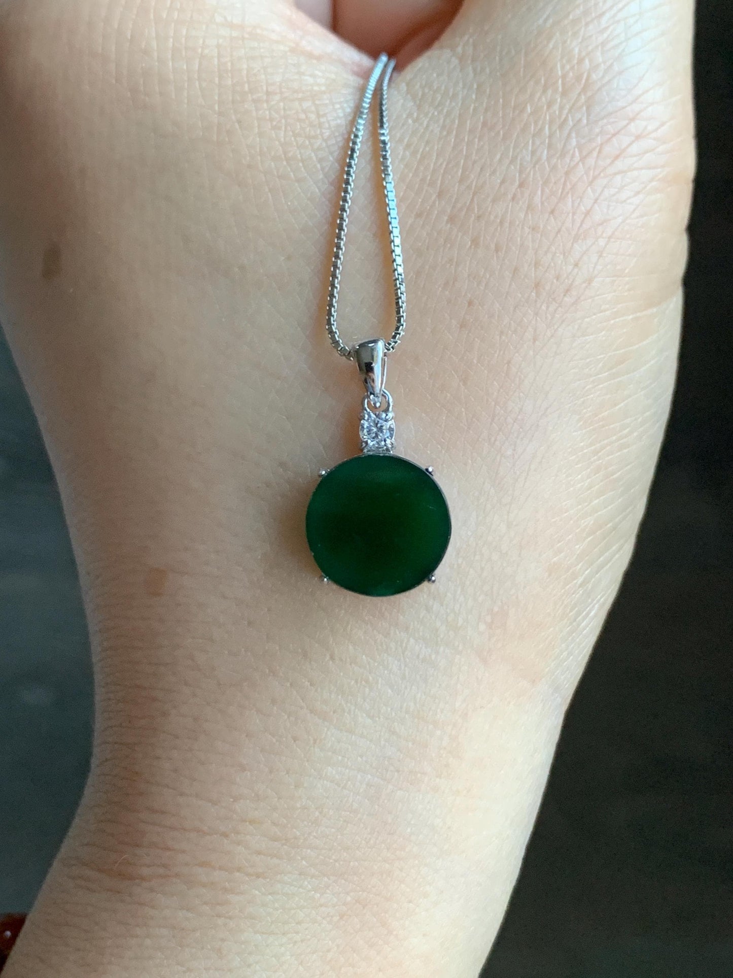 Natural Grade A Guatemalan Icy Translucent Dark Teal Green Jadeite Mini Wu Shi Pai Coin Pendant Sterling Silver 天然冰危湖水绿翡翠迷你无事牌镶嵌吊坠 HSL55