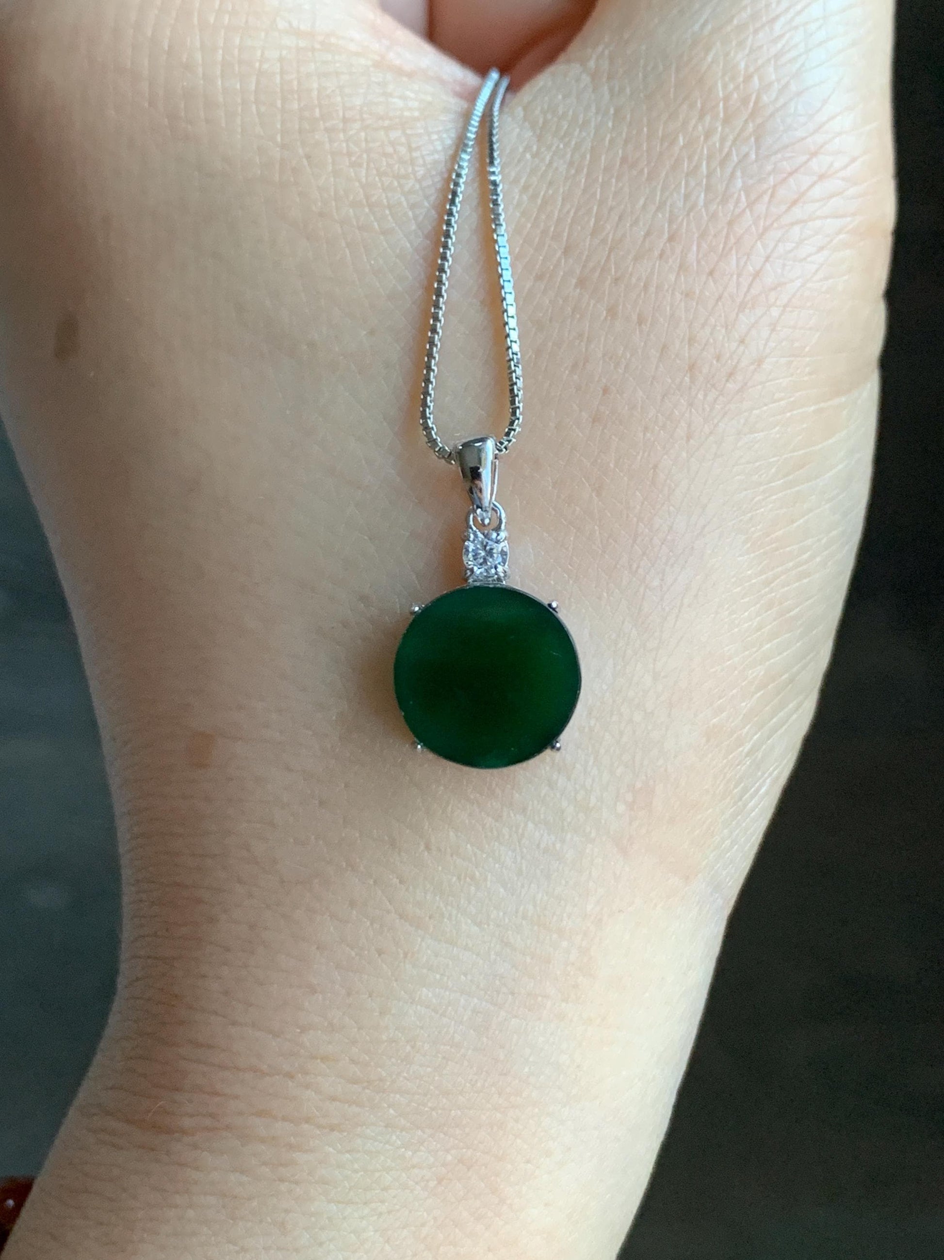 Natural Grade A Guatemalan Icy Translucent Dark Teal Green Jadeite Mini Wu Shi Pai Coin Pendant Sterling Silver 天然冰危湖水绿翡翠迷你无事牌镶嵌吊坠 HSL55