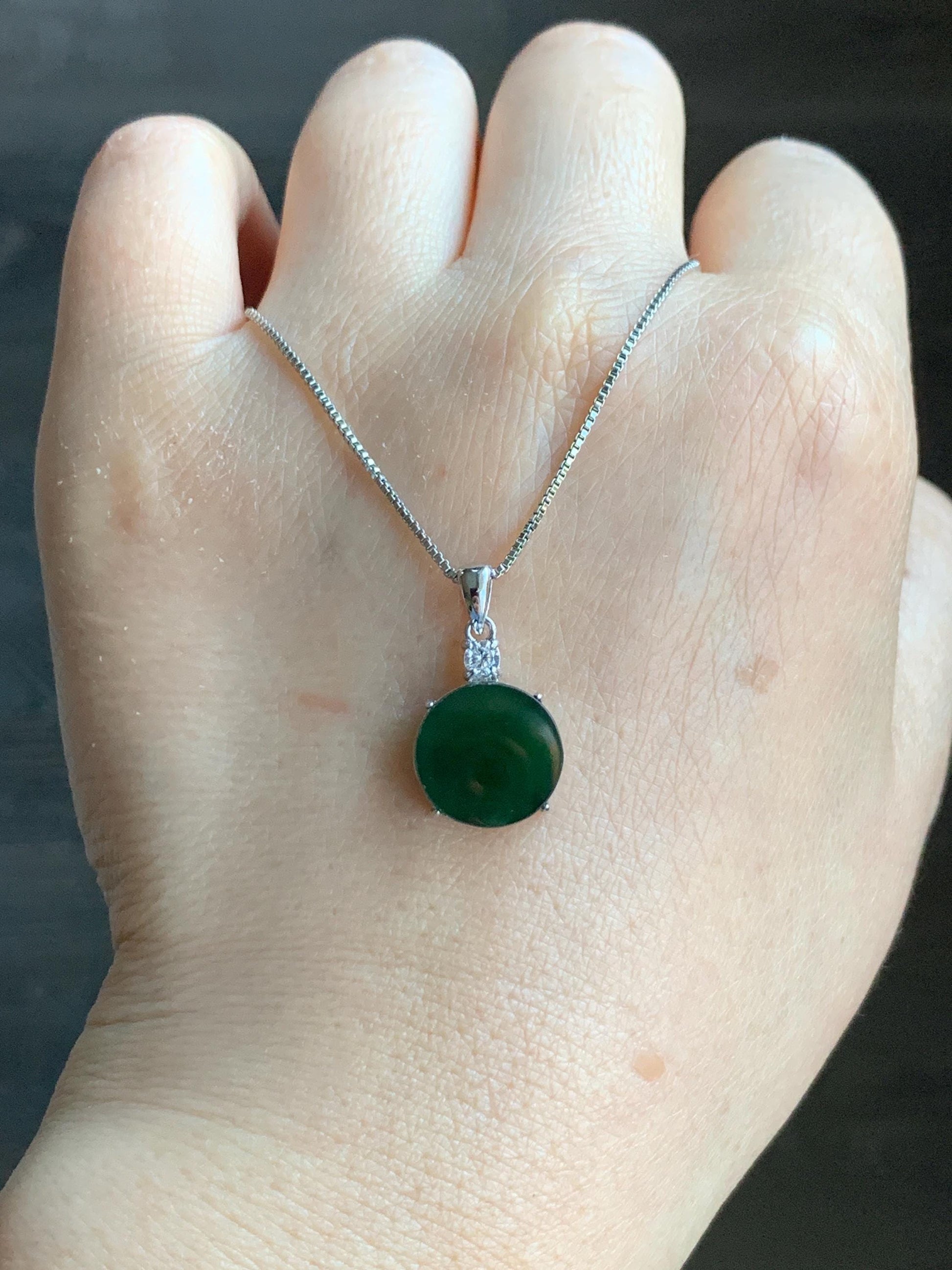 Natural Grade A Guatemalan Icy Translucent Dark Teal Green Jadeite Mini Wu Shi Pai Coin Pendant Sterling Silver 天然冰危湖水绿翡翠迷你无事牌镶嵌吊坠 HSL55