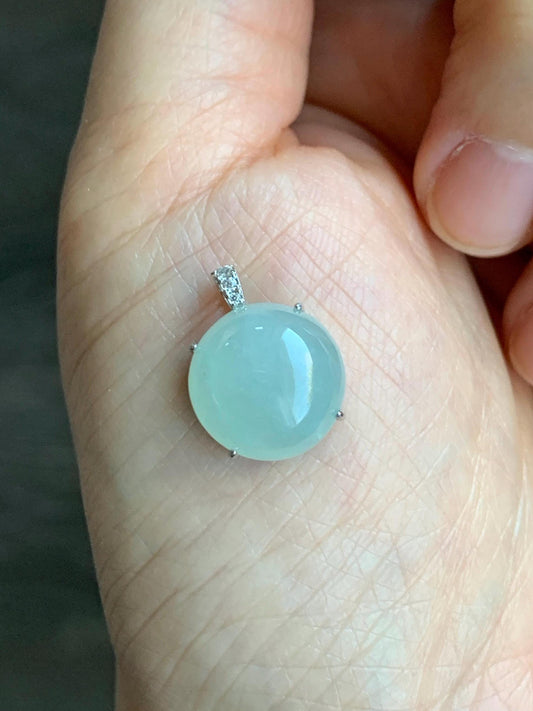 Natural Grade A Icy Translucent Pale Green Jadeite Round Cabochon Solitaire Pendant Sterling Silver 天然冰胶晴底翡翠源蛋面镶嵌吊坠 QDY68