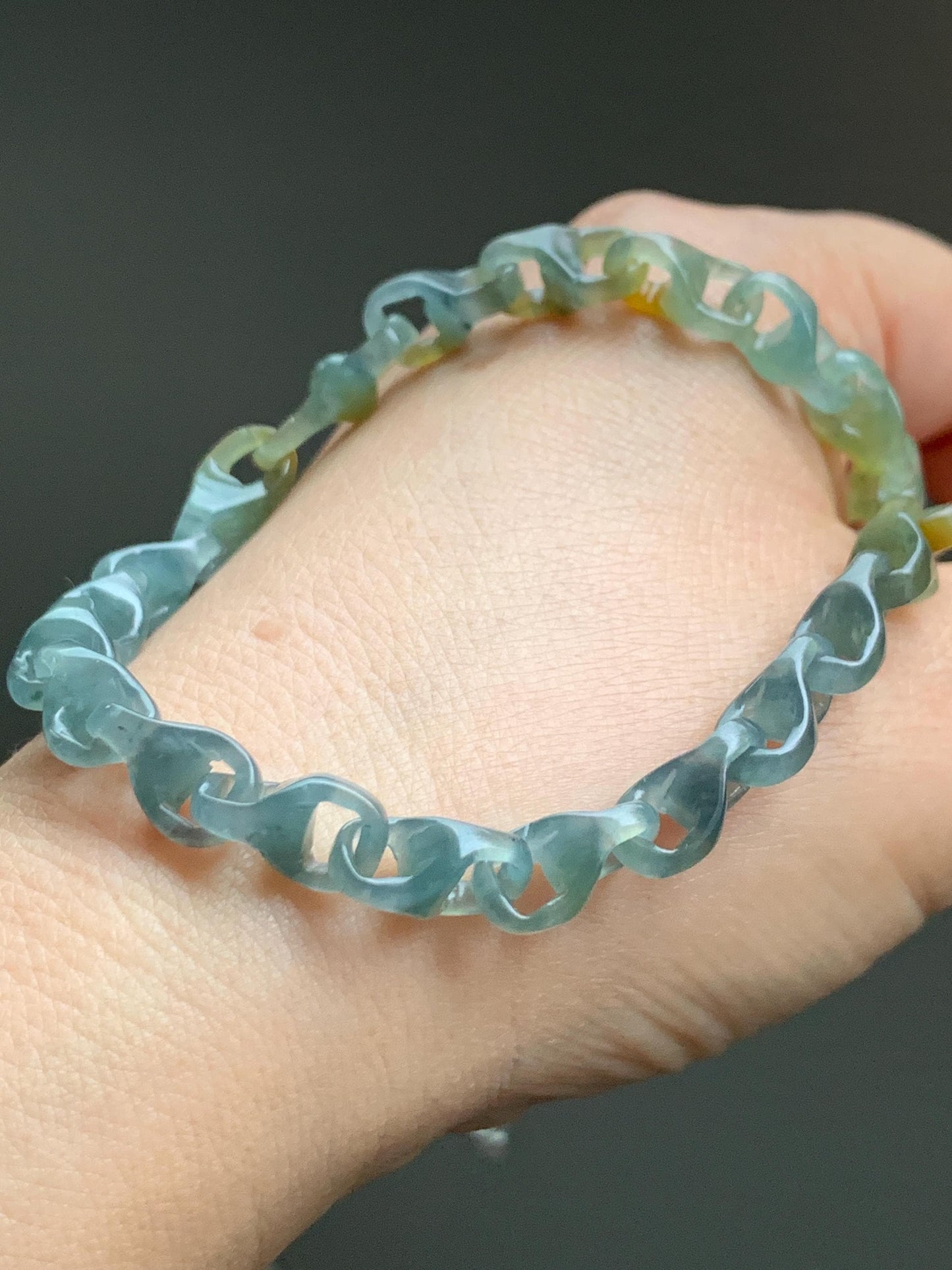 Certified Natural Guatemalan Icy Blue Yellow Marbled Jadeite Interlocked Dragon Bone Links Necklace Sterling Silver 天然冰危蓝飘花翡翠龙骨环环相扣项链 1675