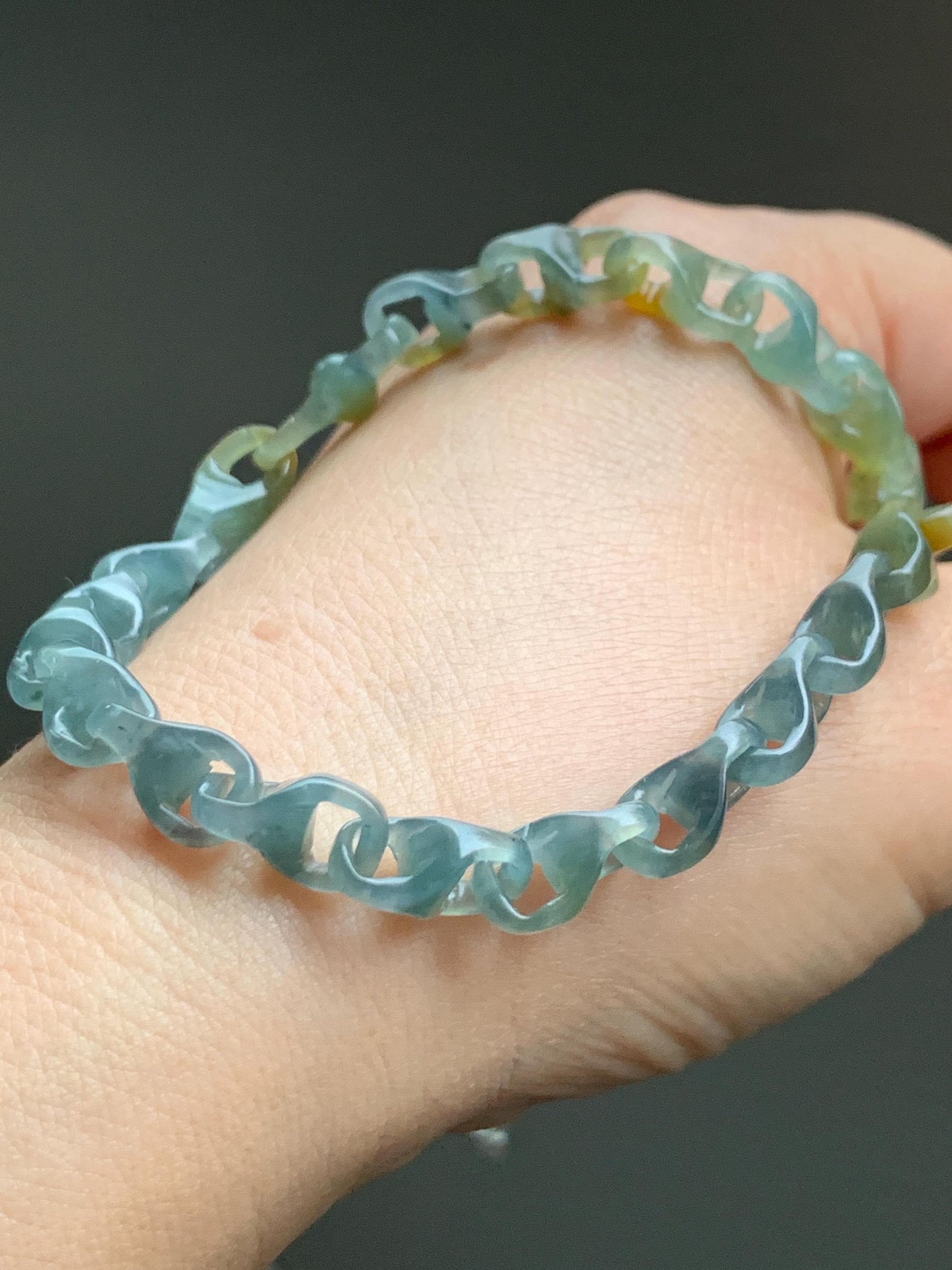Certified Natural Guatemalan Icy Blue Yellow Marbled Jadeite Interlocked Dragon Bone Links Necklace Sterling Silver 天然冰危蓝飘花翡翠龙骨环环相扣项链 1675