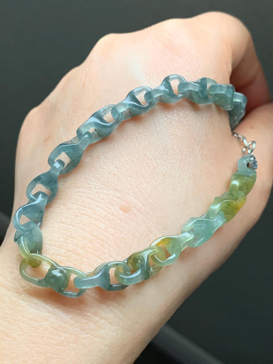 Certified Natural Guatemalan Icy Blue Yellow Marbled Jadeite Interlocked Dragon Bone Links Necklace Sterling Silver 天然冰危蓝飘花翡翠龙骨环环相扣项链 1675