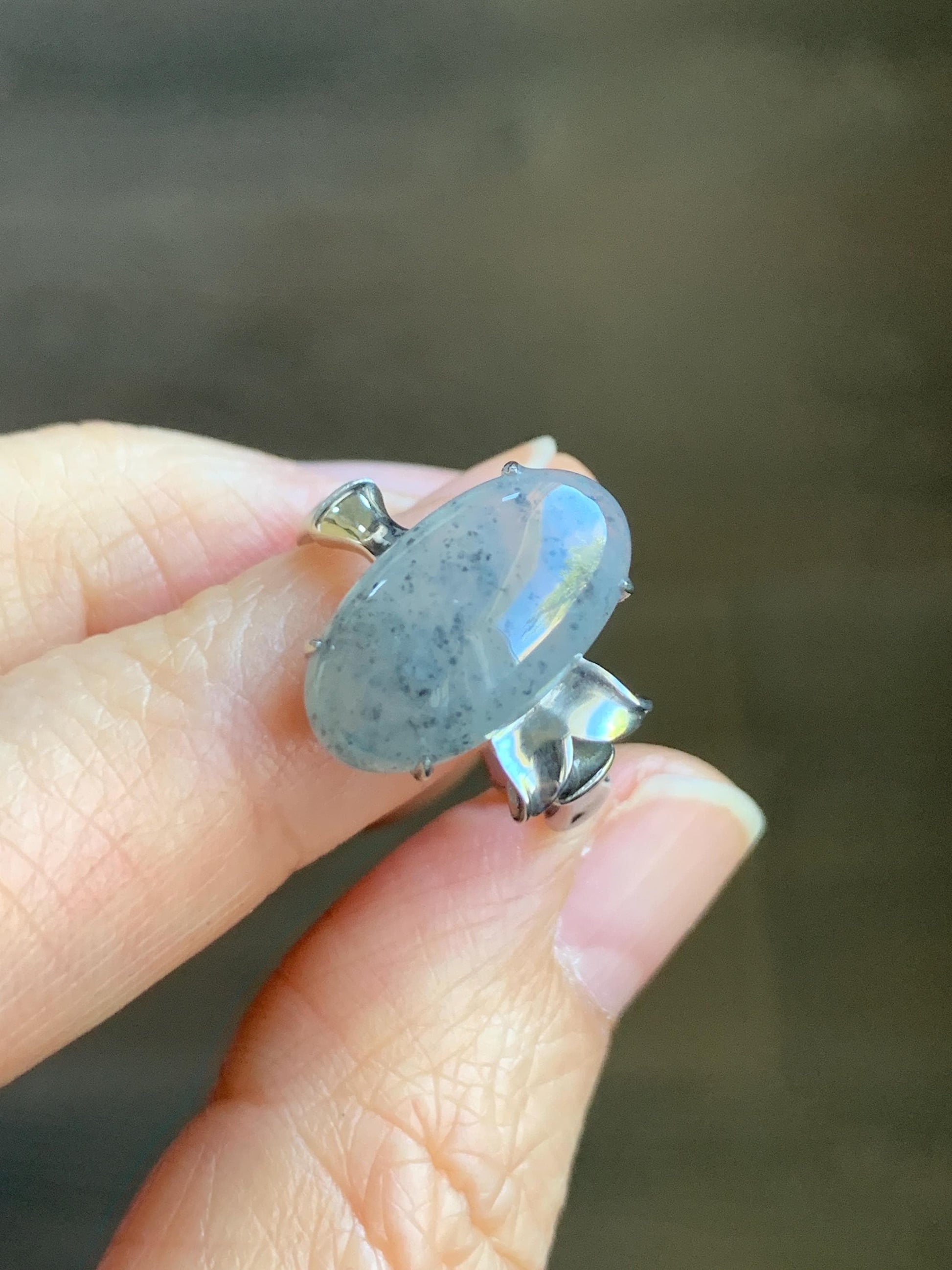 Certified Natural Grade A Icy Translucent Gelatinous Wuji Oval Jadeite Bamboo Ring Sterling Silver size 6.5 US 3.6g 天然冰胶乌鸡翡翠镶嵌竹节款戒指 7394