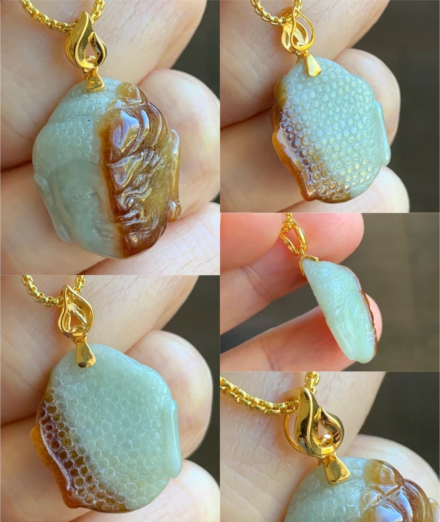 Certified Natural Grade A Icy Translucent Bicolored Rich Cognac Jadeite Kind and Evil Pendant 18K Yellow Gold 5g 天然双色飘红翡翠一念之间佛头镶嵌吊坠 7422