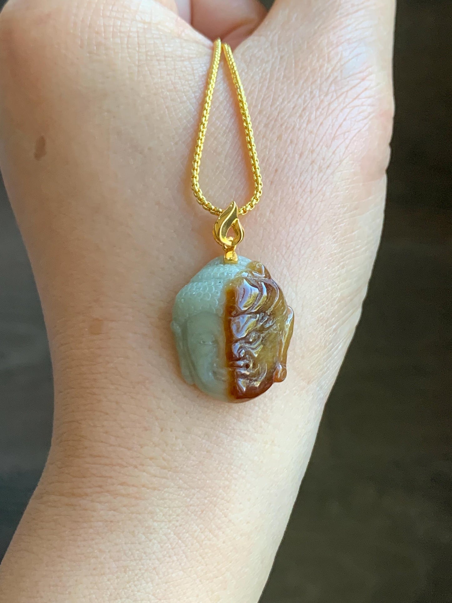 Certified Natural Grade A Icy Translucent Bicolored Rich Cognac Jadeite Kind and Evil Pendant 18K Yellow Gold 5g 天然双色飘红翡翠一念之间佛头镶嵌吊坠 7422