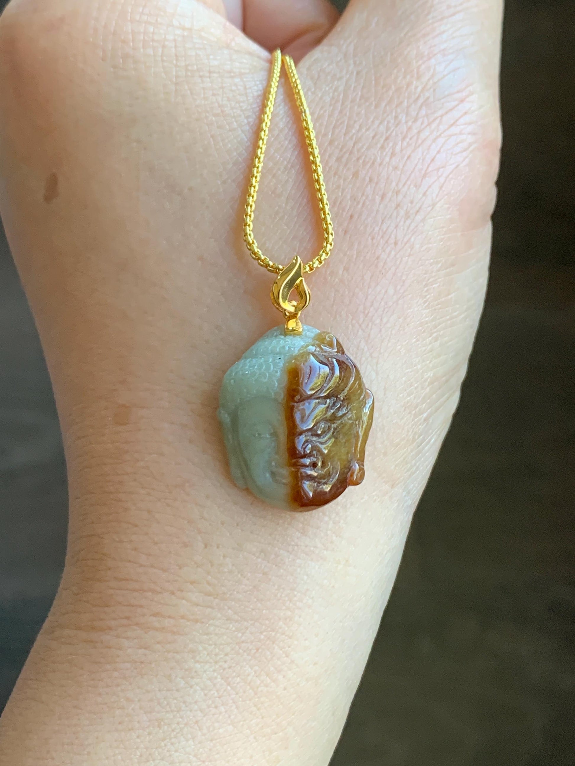 Certified Natural Grade A Icy Translucent Bicolored Rich Cognac Jadeite Kind and Evil Pendant 18K Yellow Gold 5g 天然双色飘红翡翠一念之间佛头镶嵌吊坠 7422