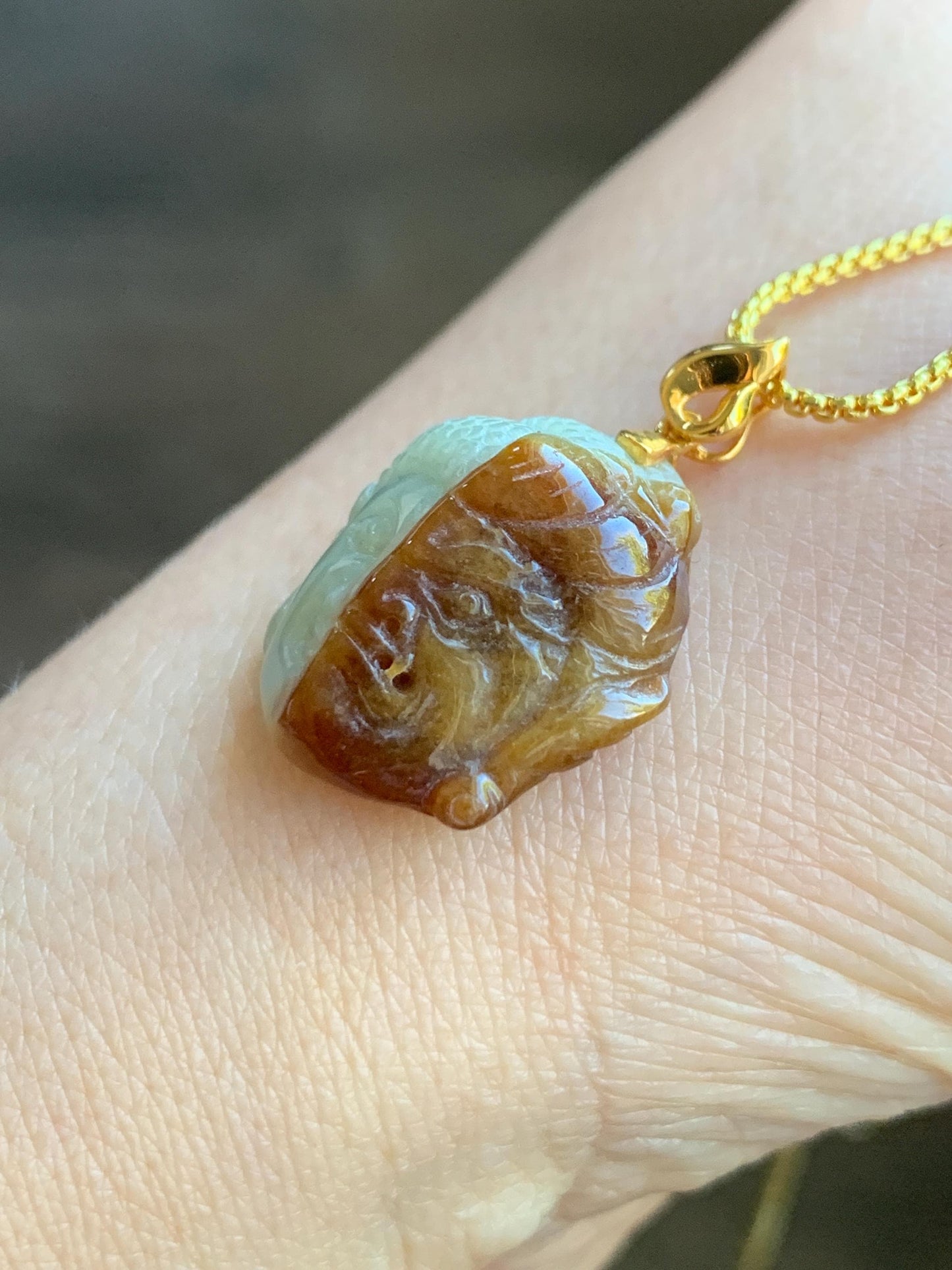 Certified Natural Grade A Icy Translucent Bicolored Rich Cognac Jadeite Kind and Evil Pendant 18K Yellow Gold 5g 天然双色飘红翡翠一念之间佛头镶嵌吊坠 7422